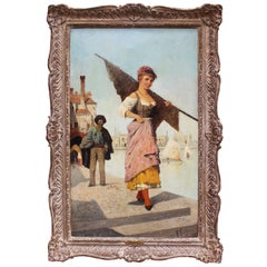 Italian Oil on Canvas "Venetian Belle" Young Beauty Walking Venice Waterfront
