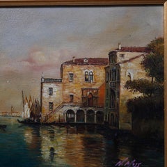 Italian Oil on Canvas Venetian Harbor Scene Painting by N. Moss, 20th Century