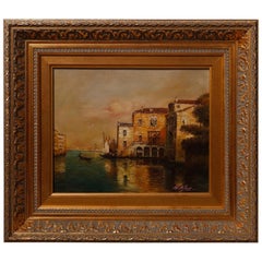 Italian Oil on Canvas Venetian Harbor Scene Painting by N. Moss, 20th Century