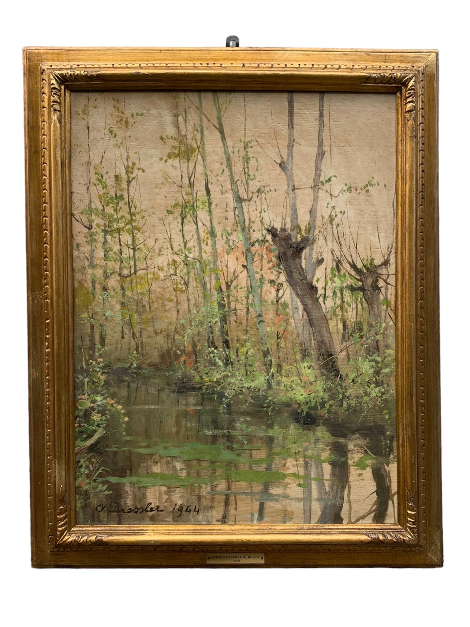 Italian Oil on Panel of Birch Forest by Alberto Dressler from 1944 3
