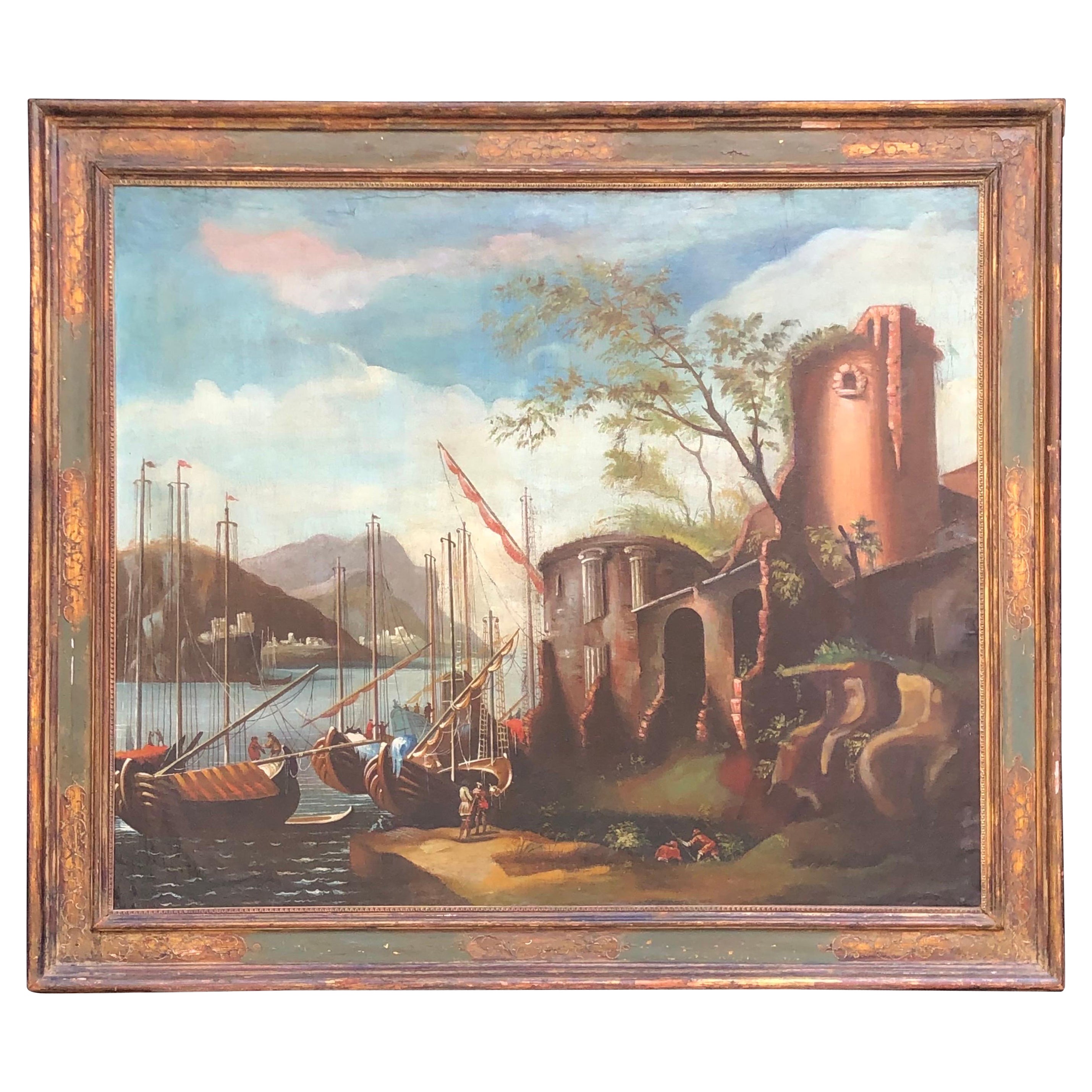 Italian Oil Painting After "View of the Gulf of Salerno by Salvator Rosa" 19th C