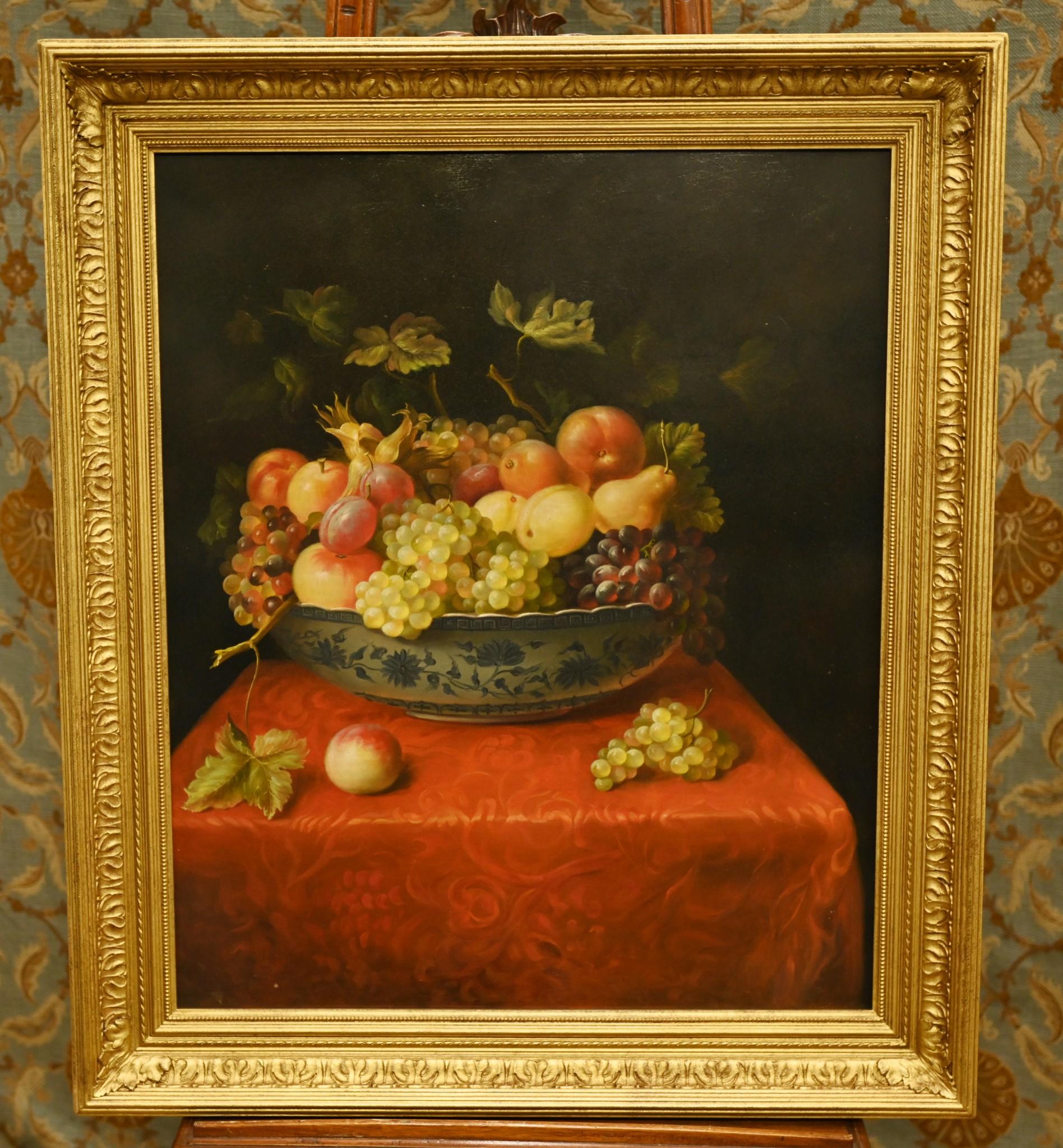 Bright and breezy Italian still life of fruits in a bowl
Artist has really captured the scen with great skill as the fruits are placed in a blue and white porcelain bowl
Love how the grapes have been rendered, such intricate and detailed