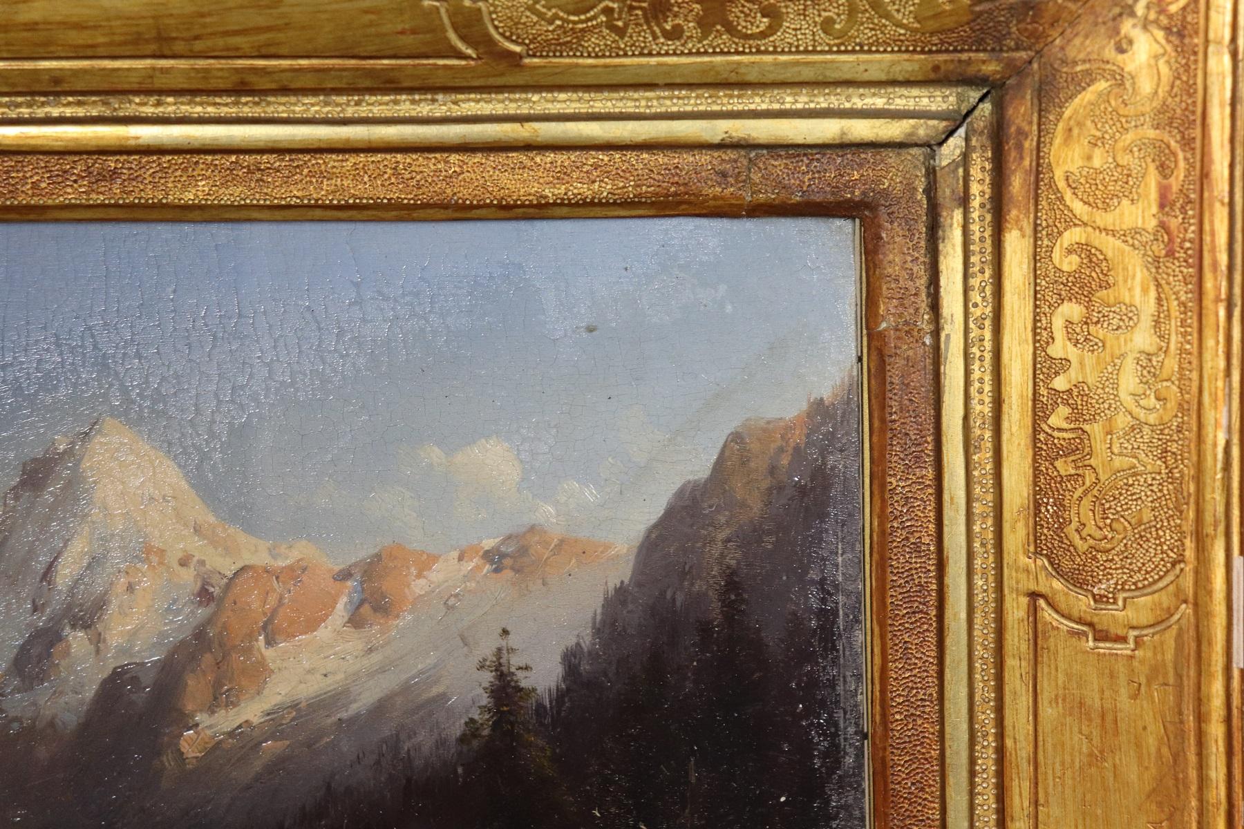 Beautiful oil painting on high quality pictorial cardboard, mountain landscape, 1920s. The pictorial hand is excellent, it is not possible to assign an author of historical importance. Beautiful frame in gold leaf. The frame has small defects.