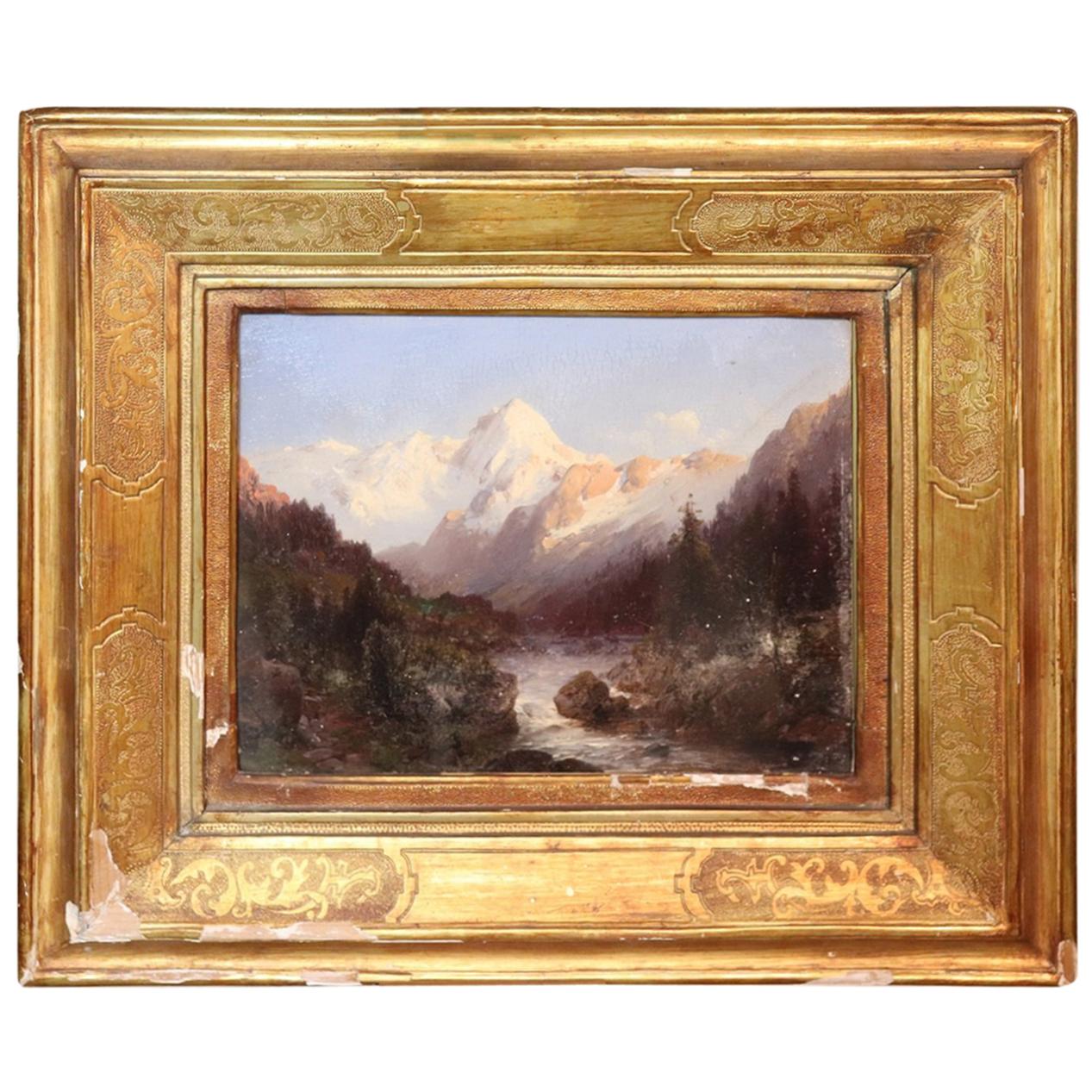 Italian Oil Painting Mountain Landscape with Golden Frame