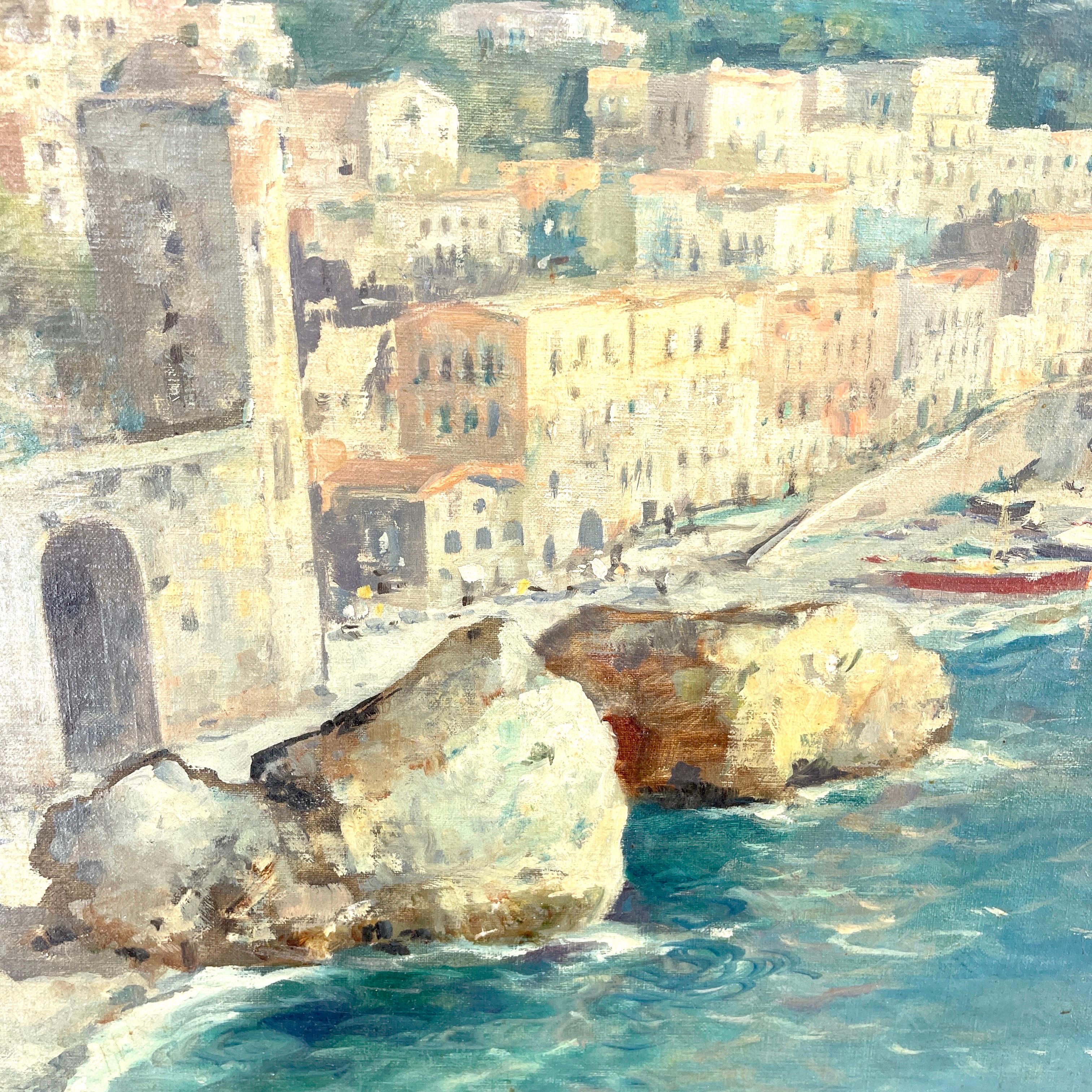 Signed Italian Oil Painting of Coastal City Scene With Boats Mid 20th Century  For Sale 5