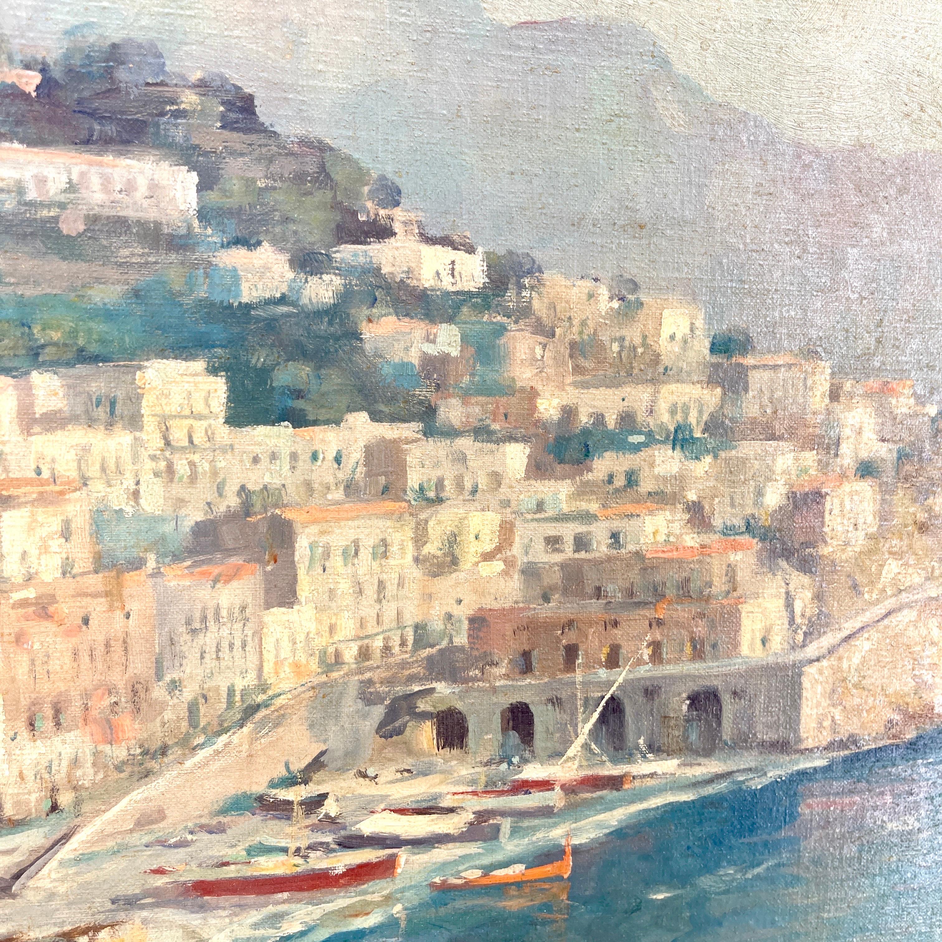 Signed Italian Oil Painting of Coastal City Scene With Boats Mid 20th Century 6