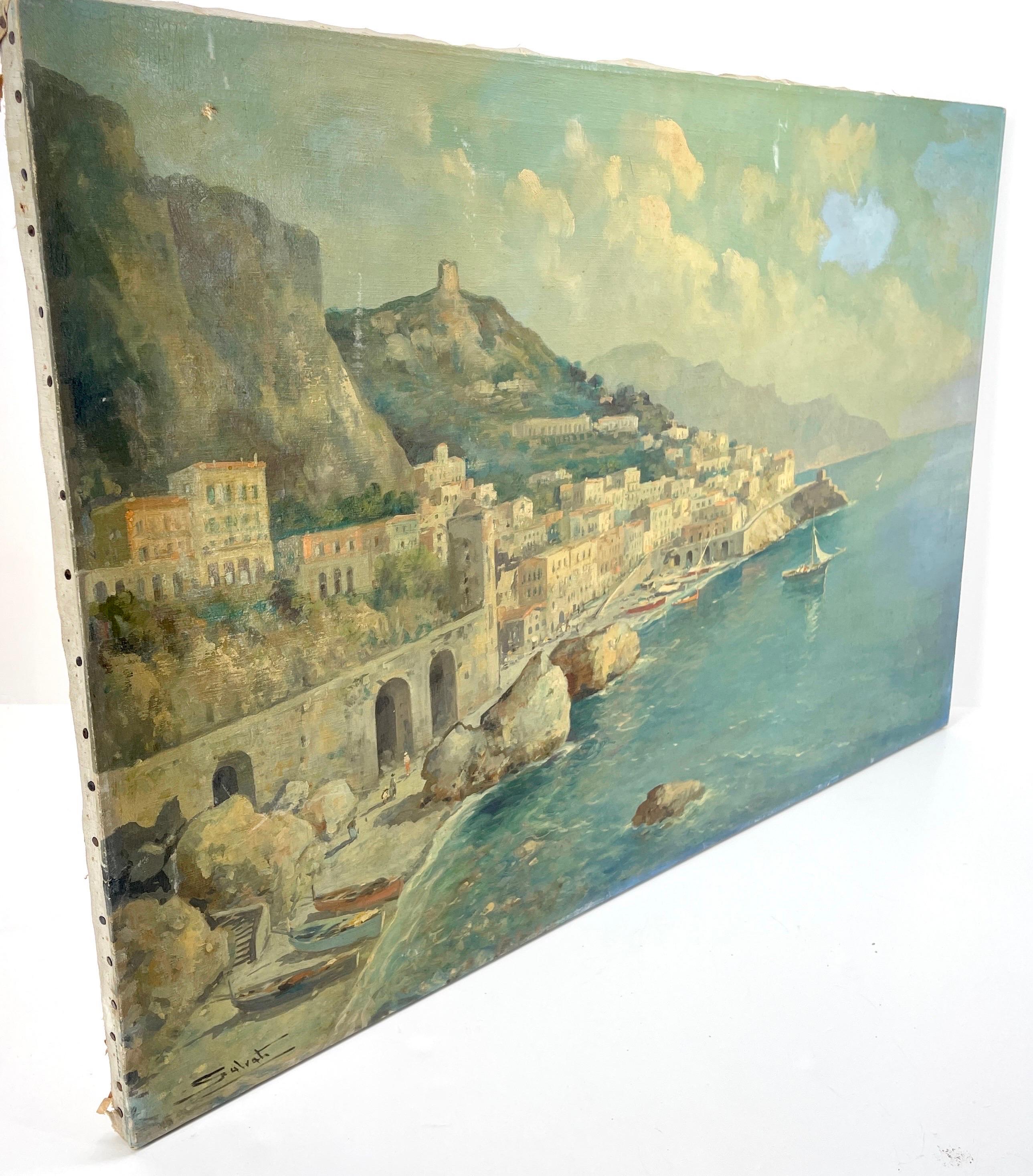 Signed Italian Oil Painting of Coastal City Scene With Boats Mid 20th Century 9