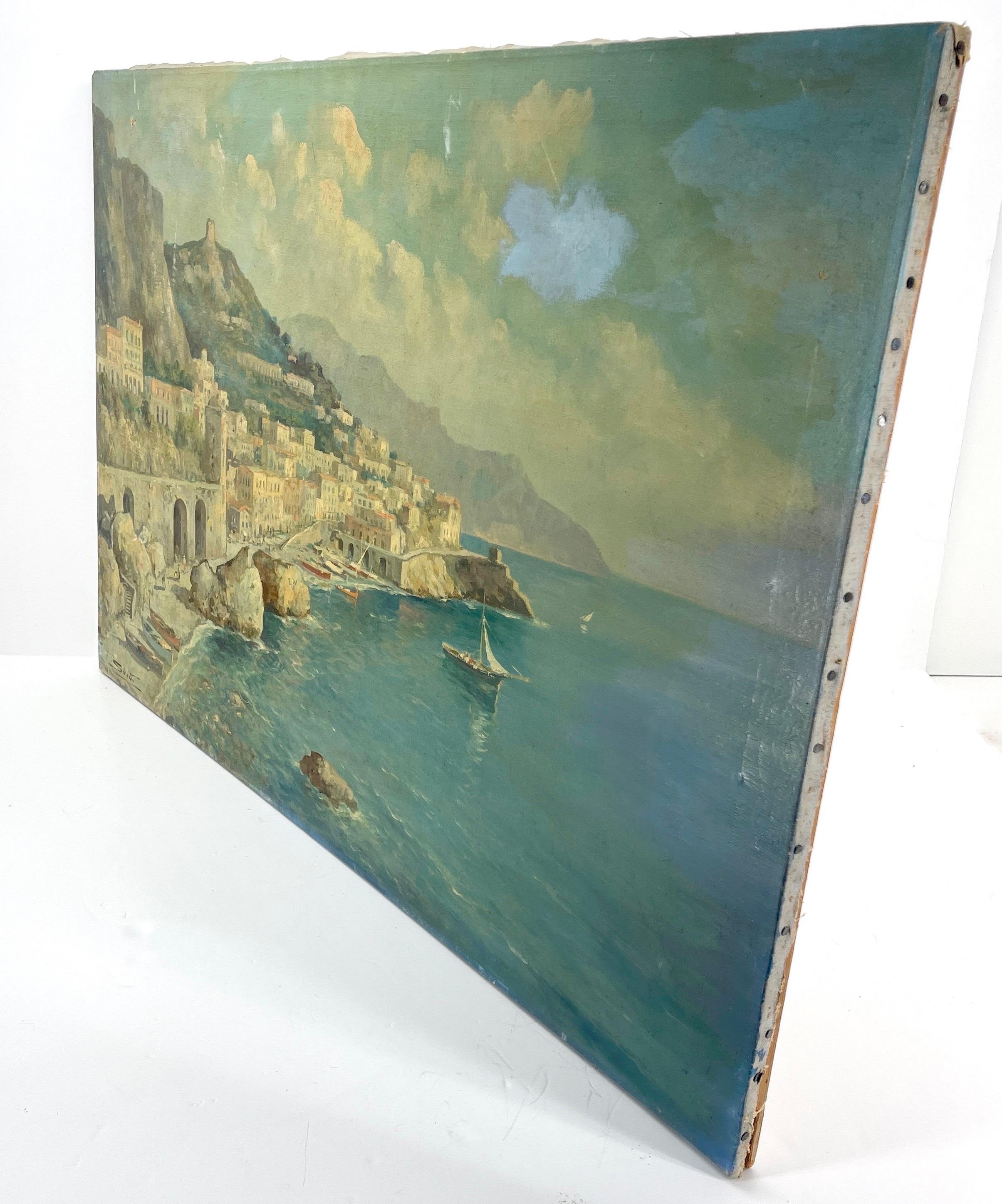 Signed Italian Oil Painting of Coastal City Scene With Boats Mid 20th Century 10
