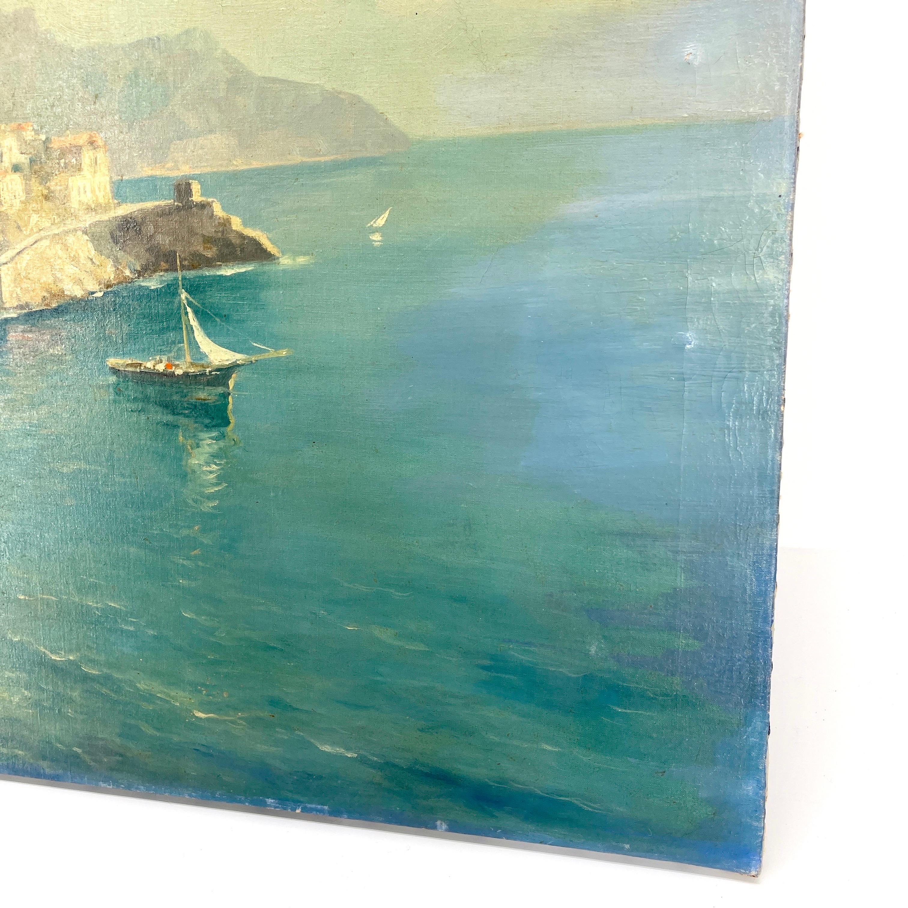 Signed Italian Oil Painting of Coastal City Scene With Boats Mid 20th Century  For Sale 3