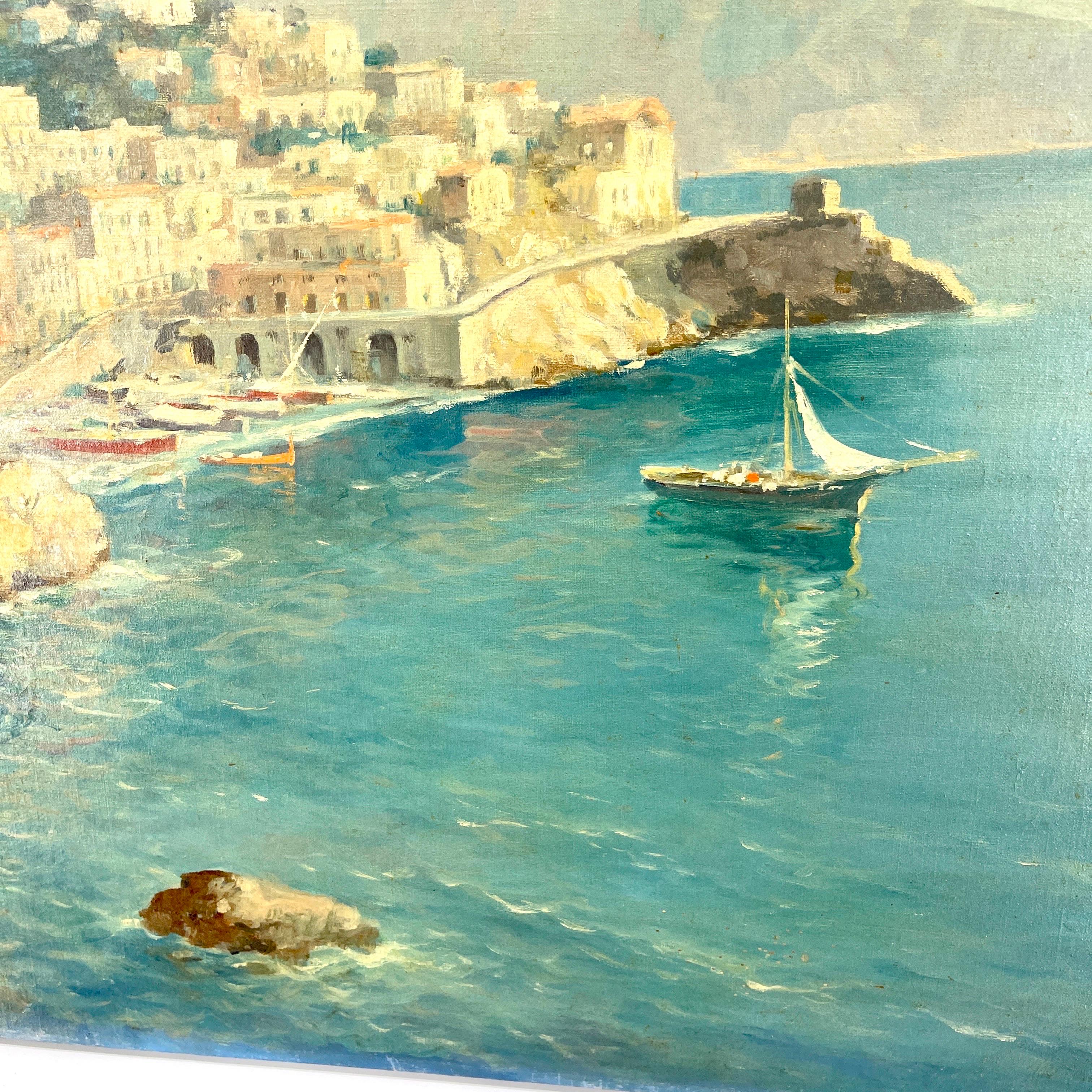 Signiertes italienisches Ölgemälde einer Küstenstadtszene mit Booten, Mitte des 20. Jahrhunderts  im Angebot 3