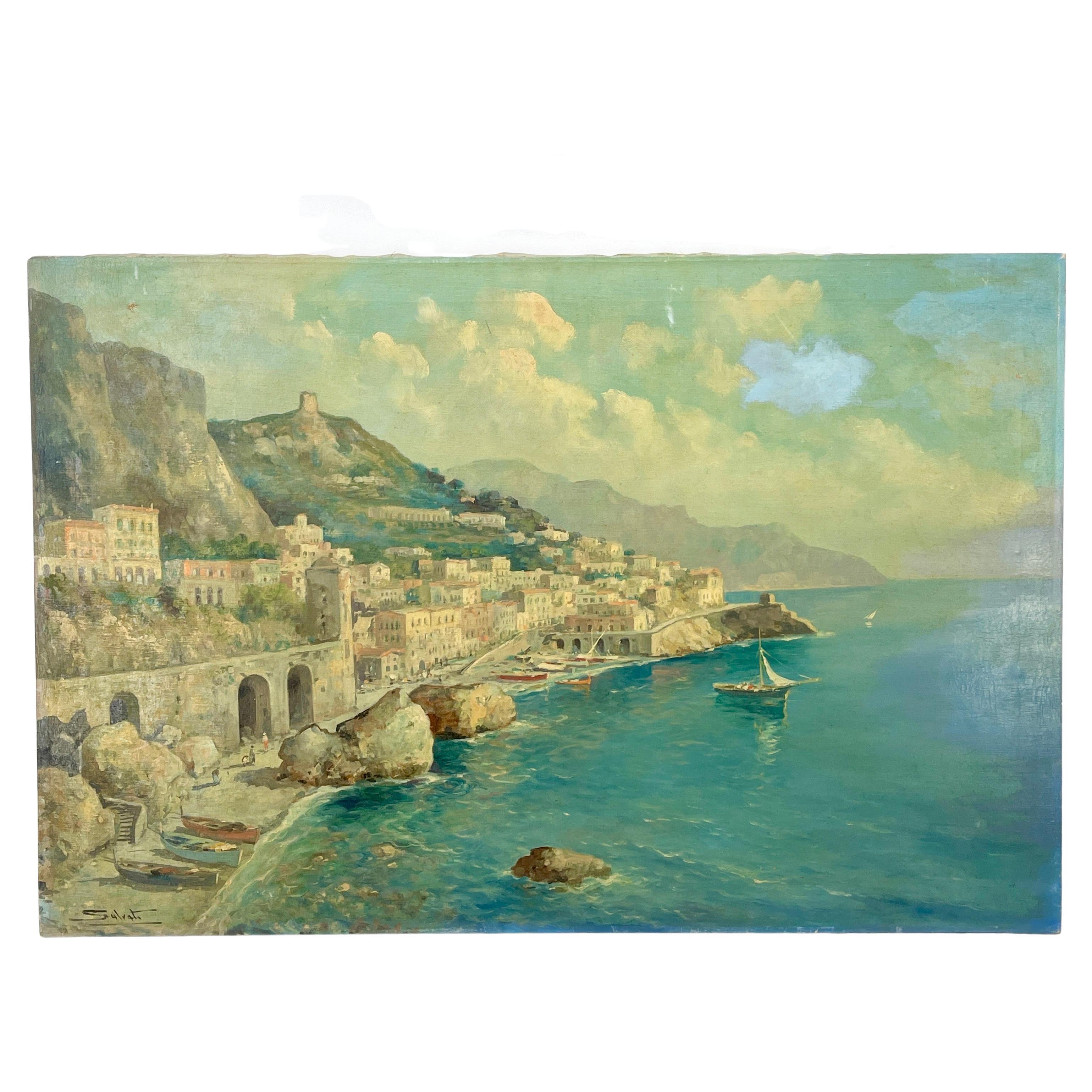 Peinture à l'huile italienne représentant une scène de ville côtière avec des bateaux, milieu du 20e siècle 