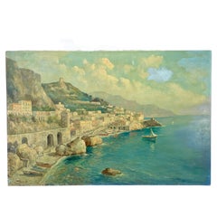Signed Italian Oil Painting of Coastal City Scene With Boats Mid 20th Century 