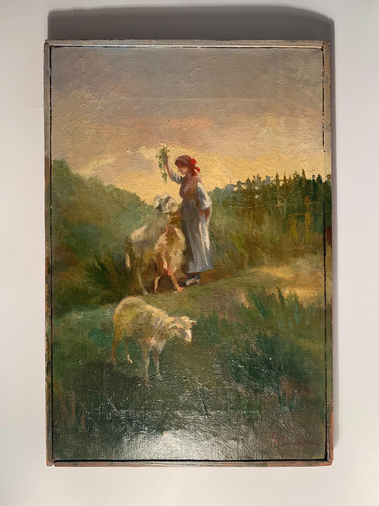 Oil painting on panel depicting a lady in a countryside landscape, made by Antonio De Simone in 1800

Ø cm 22 h cm 33