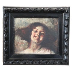 Italian Oil Painting on Board by A. Torriani Portrait of a Girl, 1910s
