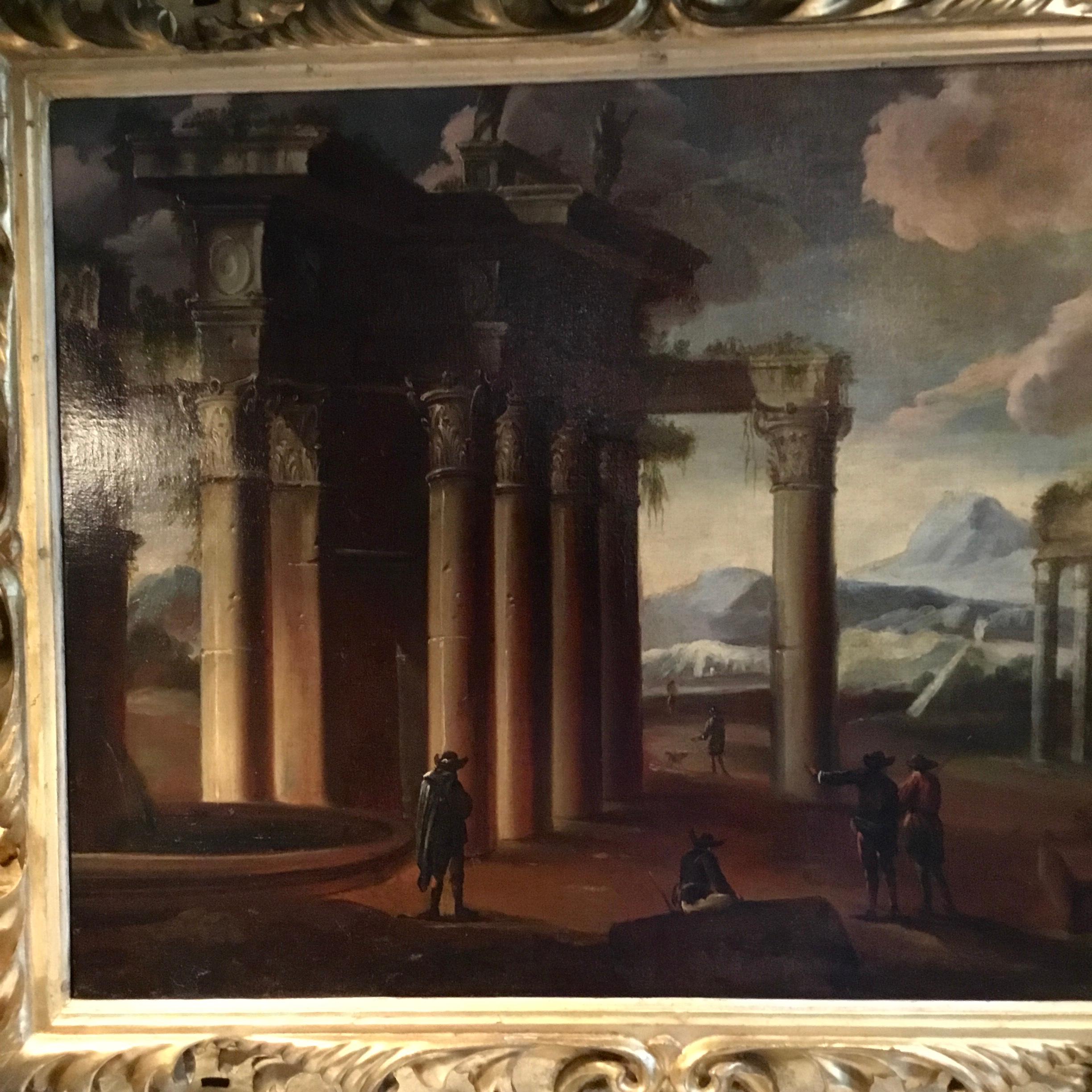 Italian Oil Painting on Board of Roman Ruins, 19th Century in Baroque Gilt Frame For Sale 7