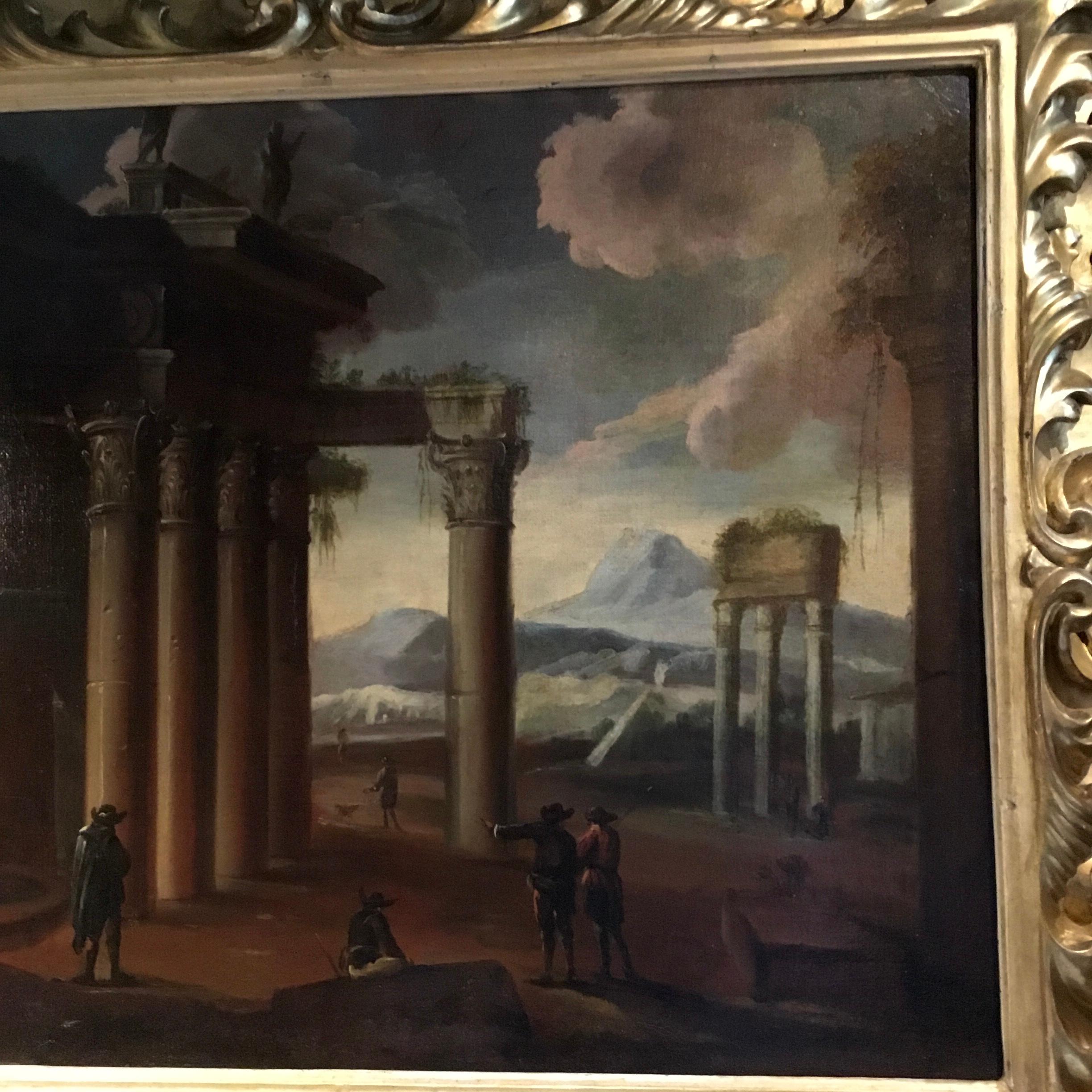 Óleo italiano sobre tabla de ruinas romanas, siglo XIX en marco barroco dorado en venta 6