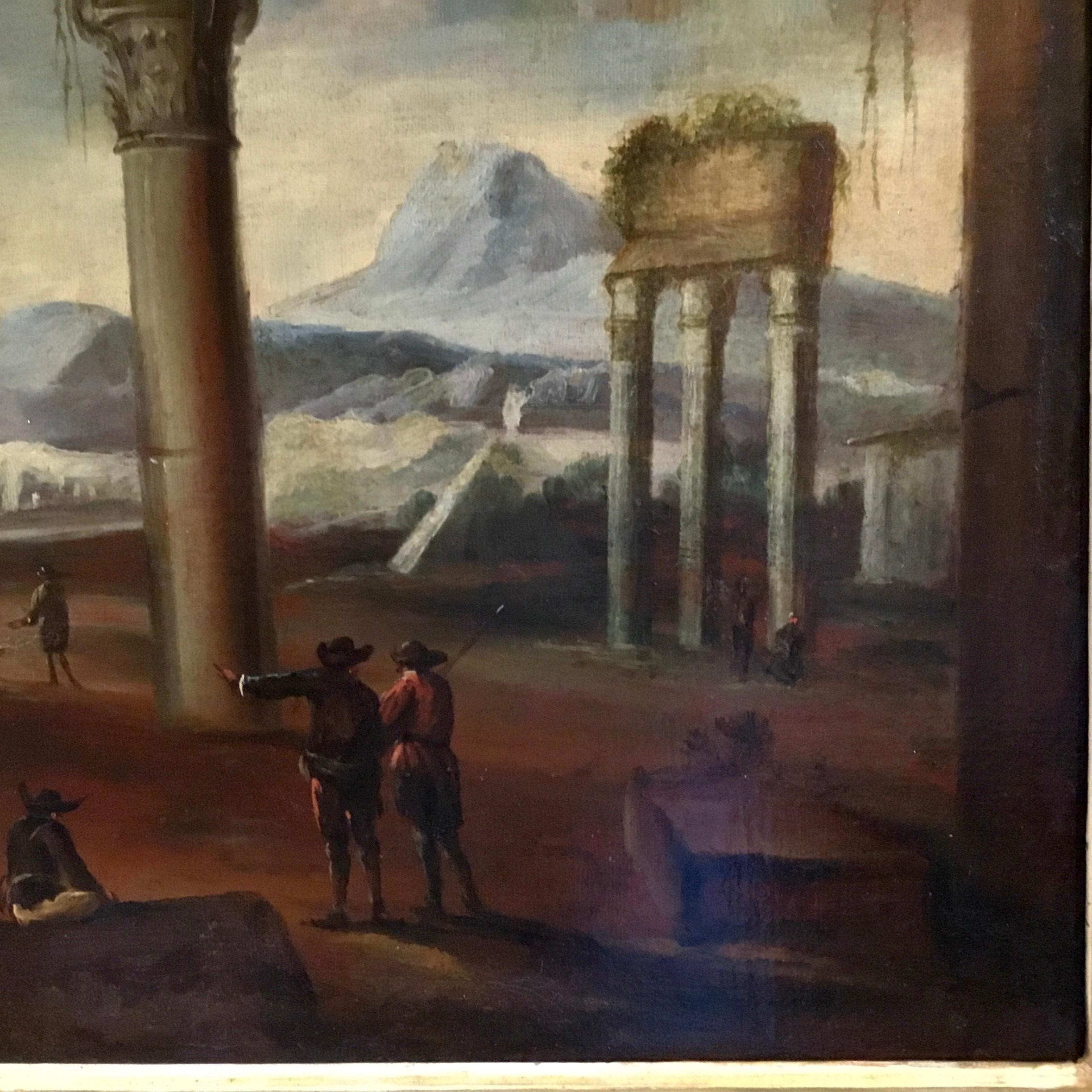 Italian Oil Painting on Board of Roman Ruins, 19th Century in Baroque Gilt Frame In Good Condition For Sale In Houston, TX