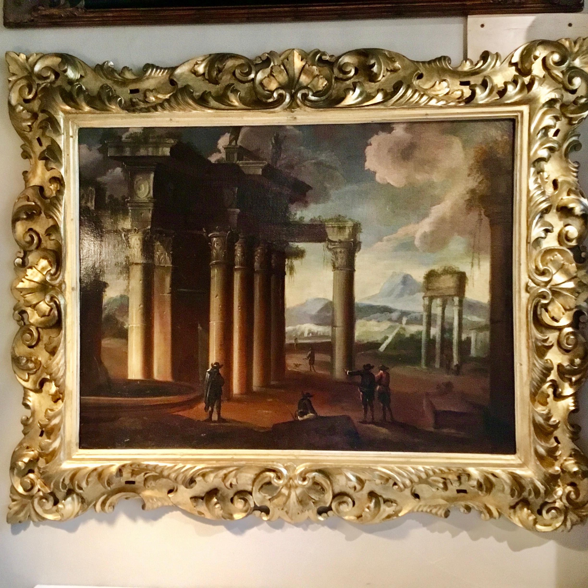 Italian Oil Painting on Board of Roman Ruins, 19th Century in Baroque Gilt Frame For Sale 5