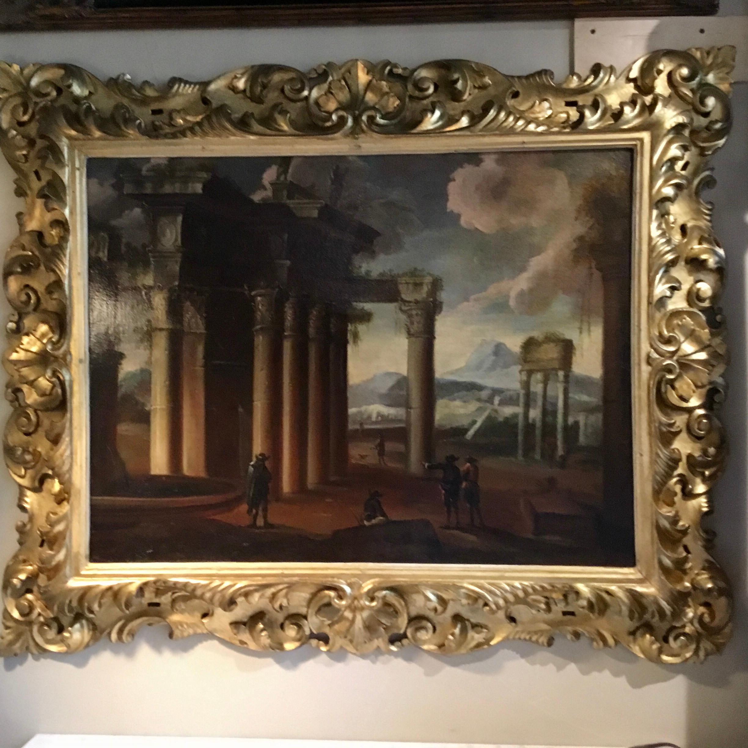 Italian Oil Painting on Board of Roman Ruins, 19th Century in Baroque Gilt Frame For Sale 6