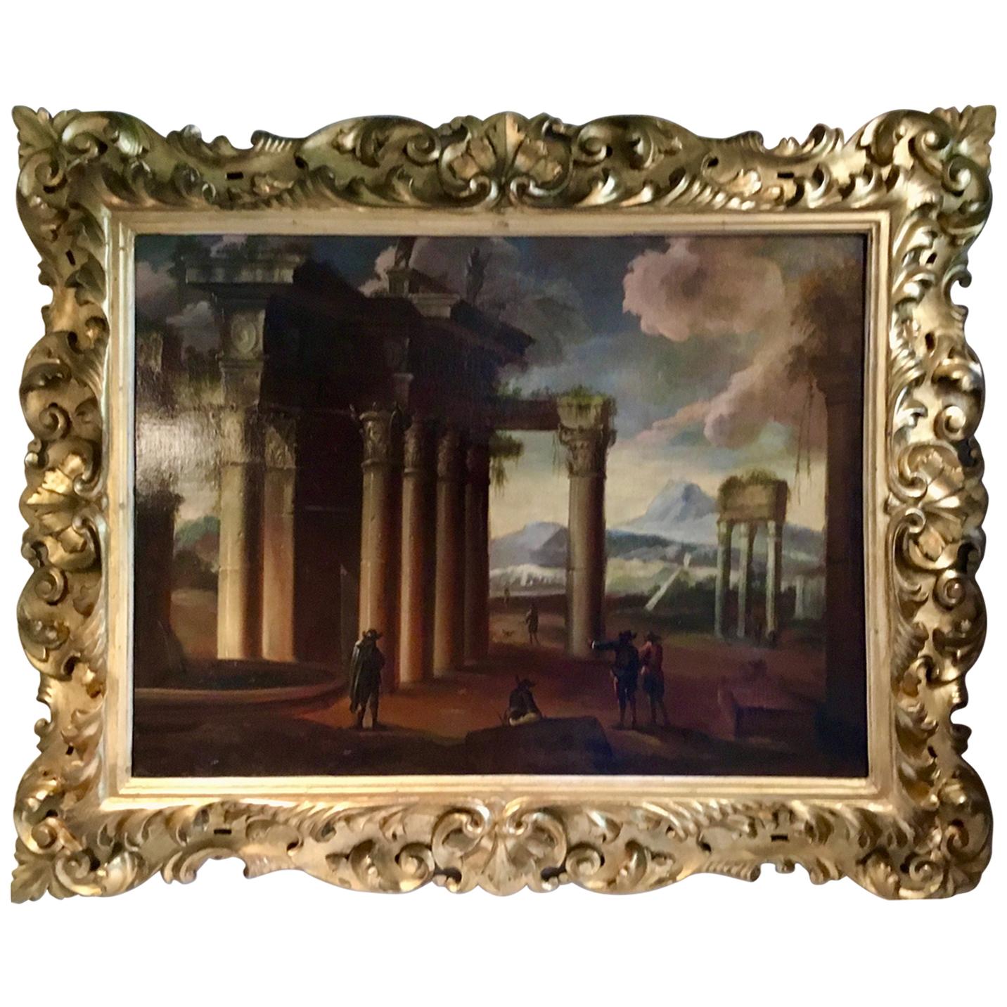 Italian Oil Painting on Board of Roman Ruins, 19th Century in Baroque Gilt Frame