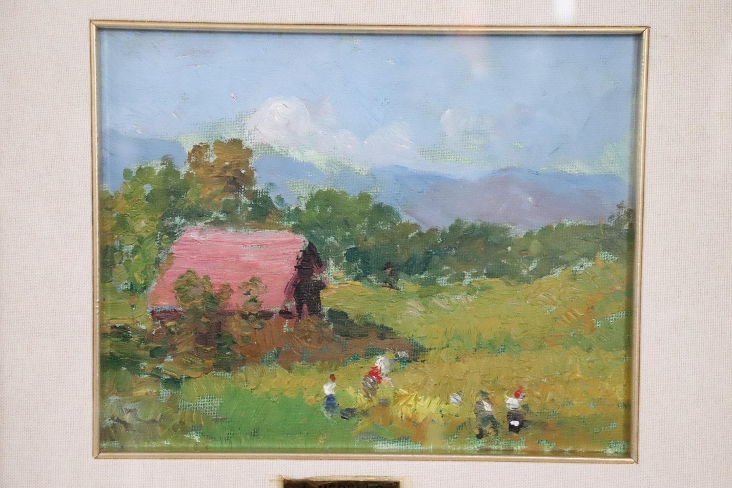 Beautiful oil painting on canvas 1960s. A splendid countryside landscape with peasants at work in the town of Fumeri, northern Italy. Signed by Amedeo Merello important italian artist. Perfect for collectors who love landscape painting. Excellent