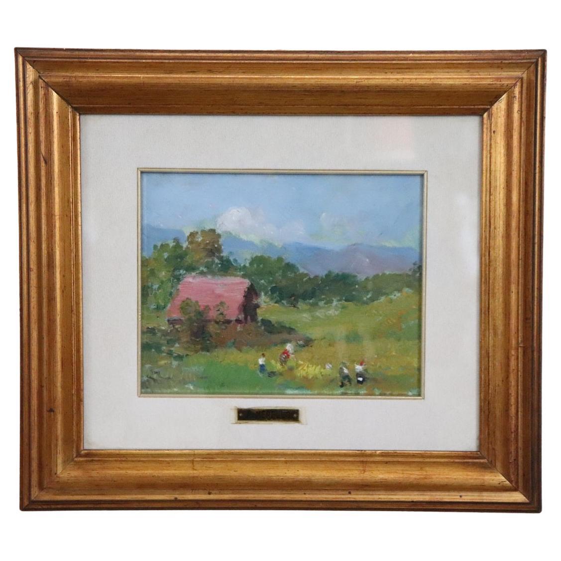 Italienisches Ölgemälde auf Leinwand, Amedeo Merello, Landschaft mit Bauernhof im Angebot