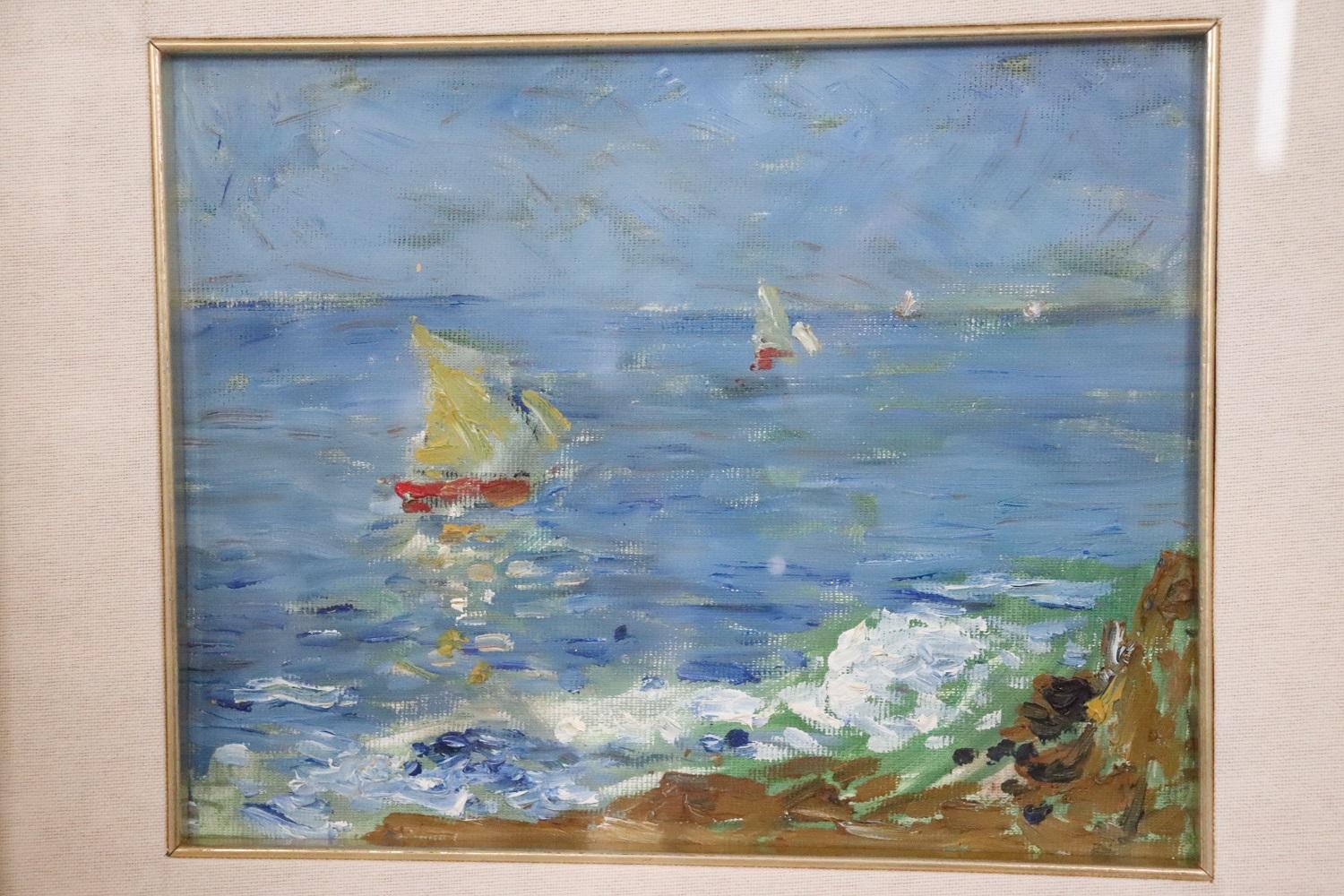 Beautiful oil painting on canvas 1960s. A splendid Italian marine landscape of the Sori italian city. Signed by Amedeo Merello important italian artist. Perfect for collectors who love marine landscape. Excellent pictorial quality. Sold with wooden