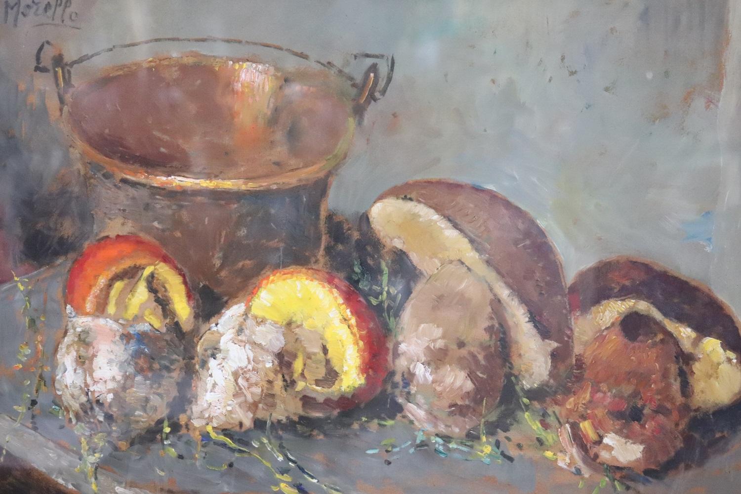 Beautiful oil painting on board 1960s. A splendid Italian still life with mushrooms. Signed by Amedeo Merello important italian artist. Perfect for collectors who love still life. Excellent pictorial quality. Sold with wooden frame.
Genova 1890 –