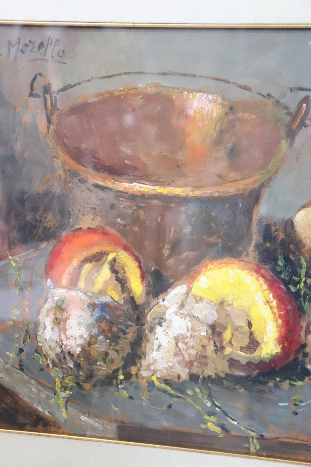 Mid-20th Century Italian Oil Painting on Board Amedeo Merello Still life with Mushrooms For Sale