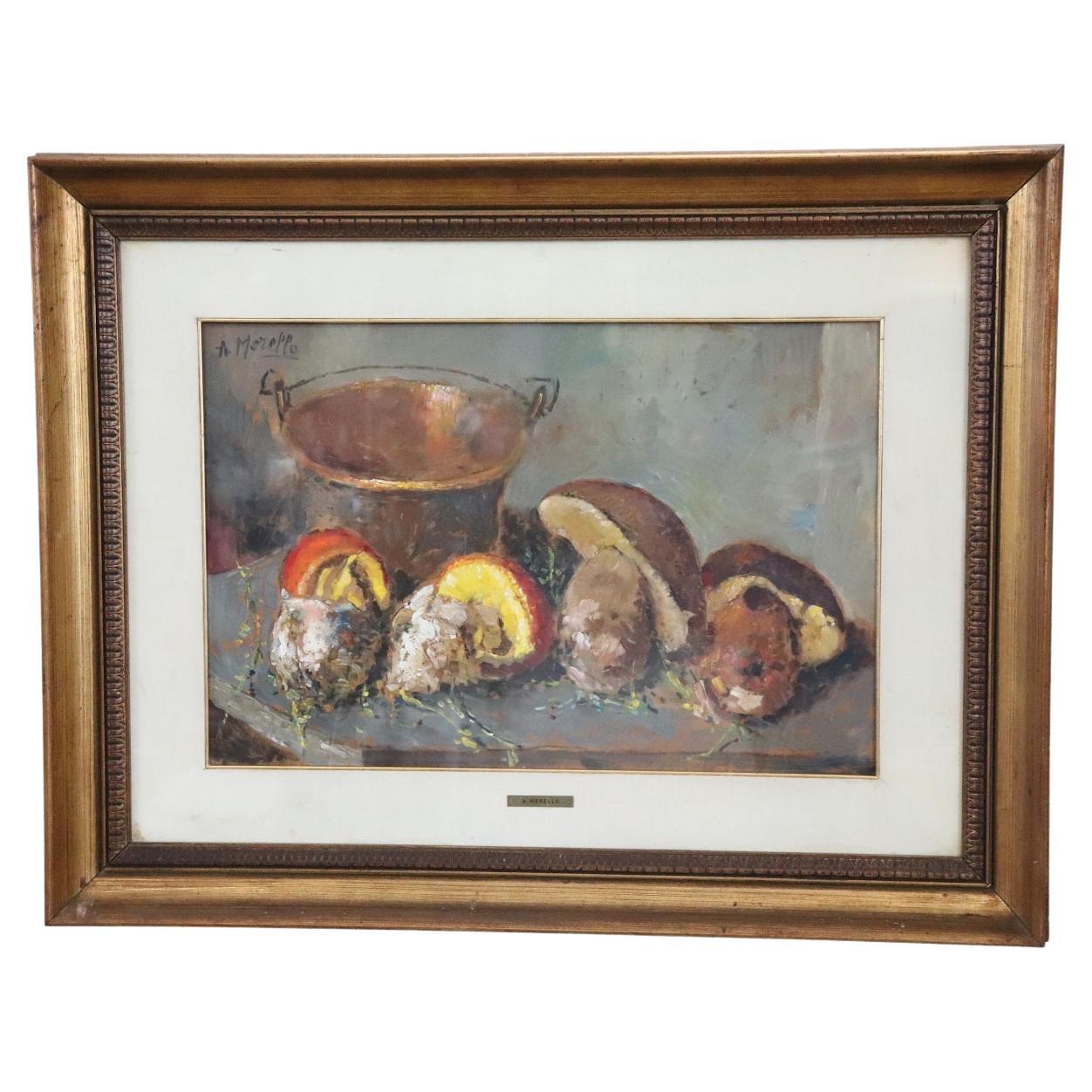 Italian Oil Painting on Board Amedeo Merello Still life with Mushrooms For Sale