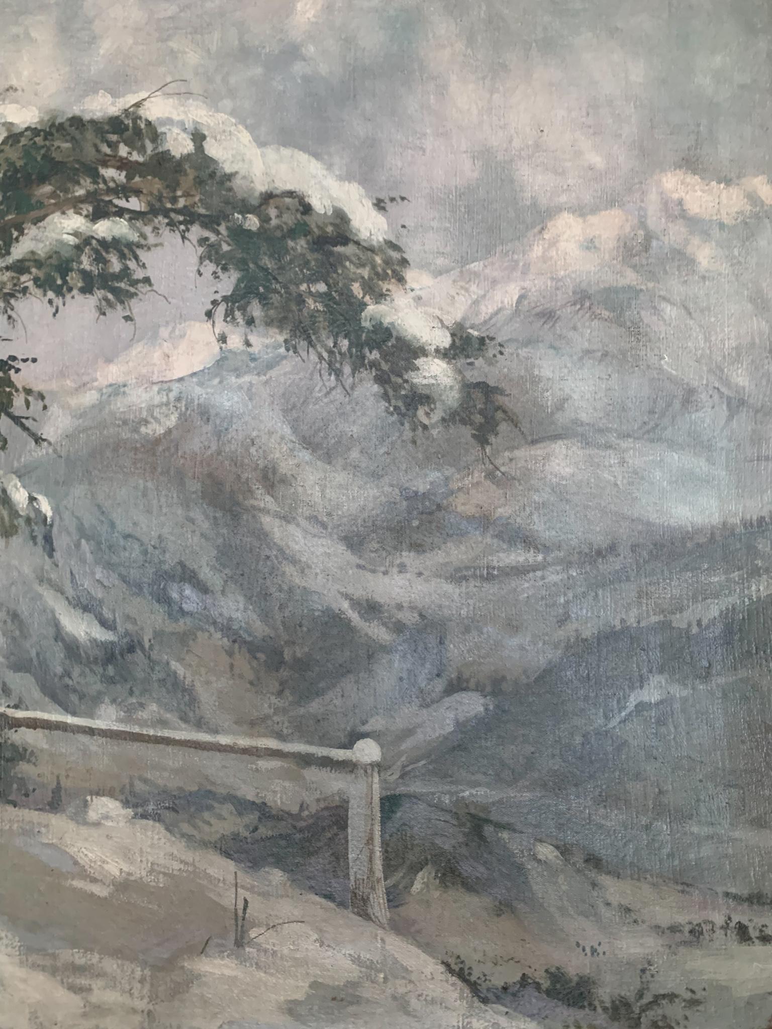 Italian Oil Painting on Canvas by Alberto Dressler 'Snowy Landscape' from 1944 For Sale 5