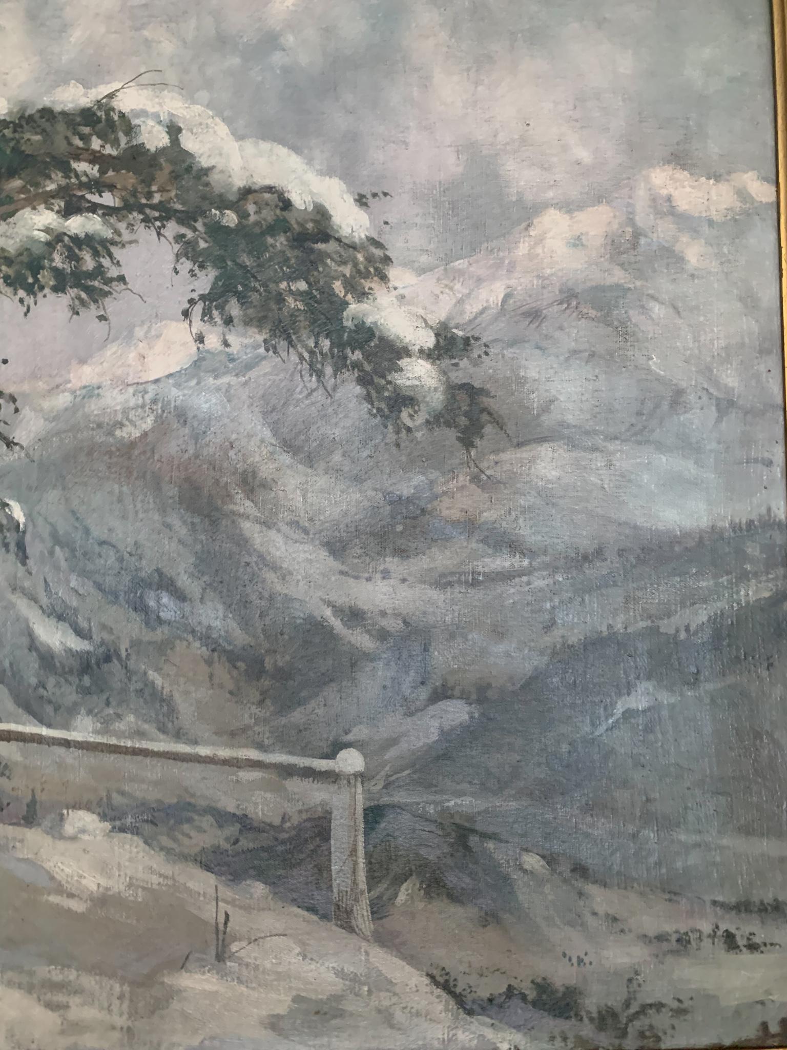 Italian Oil Painting on Canvas by Alberto Dressler 'Snowy Landscape' from 1944 For Sale 6