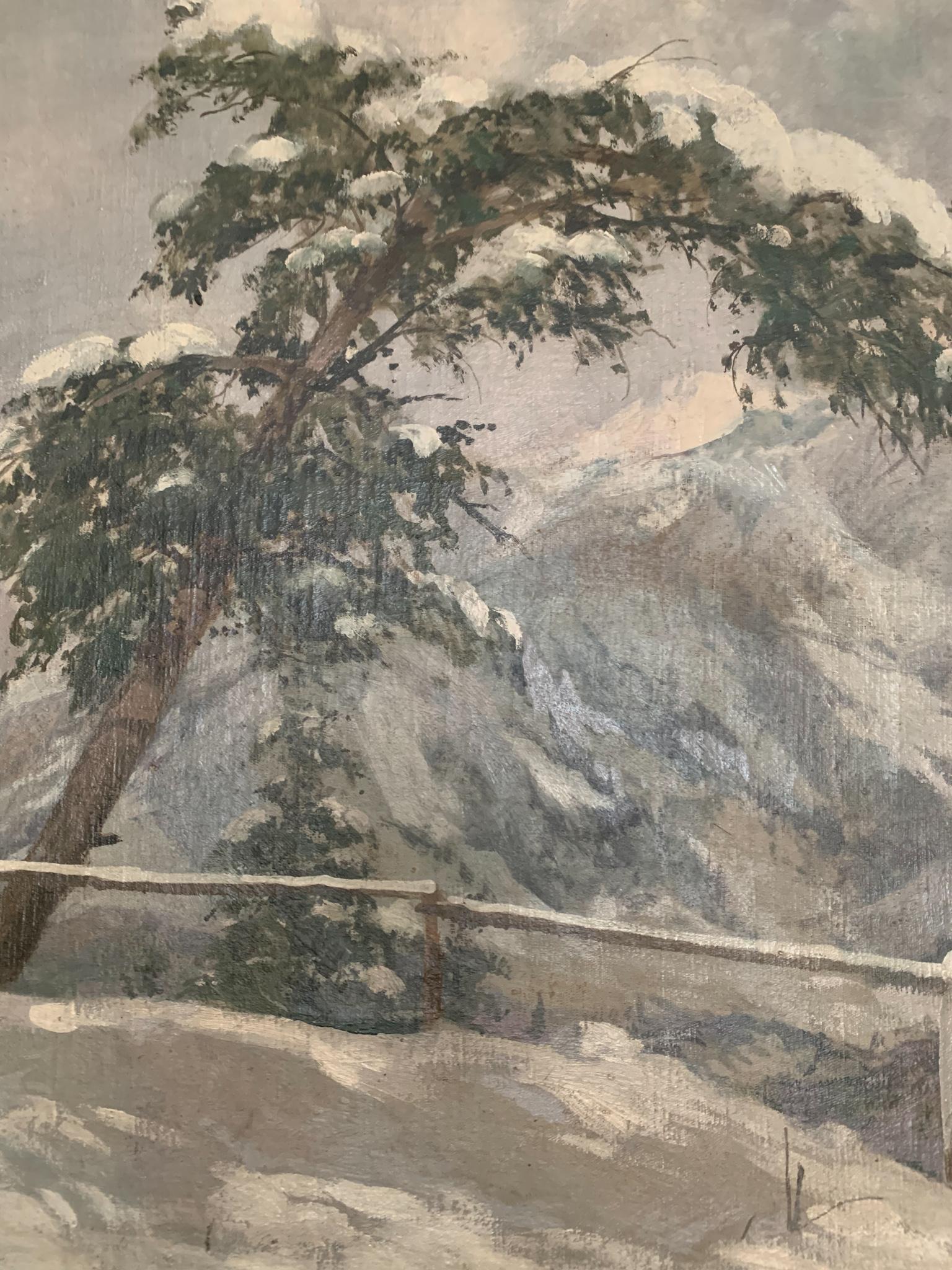 Italian Oil Painting on Canvas by Alberto Dressler 'Snowy Landscape' from 1944 For Sale 7