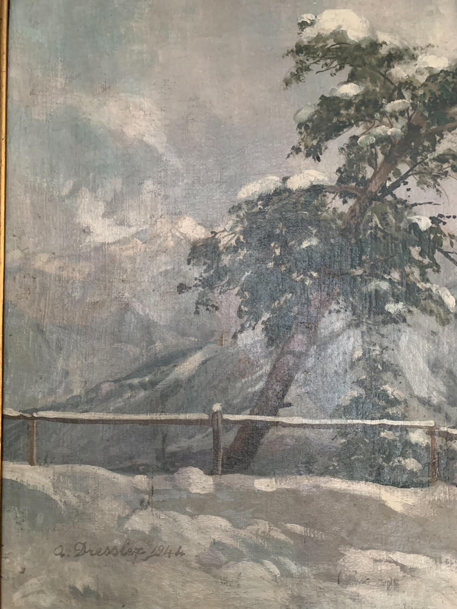 Italian Oil Painting on Canvas by Alberto Dressler 'Snowy Landscape' from 1944 For Sale 8