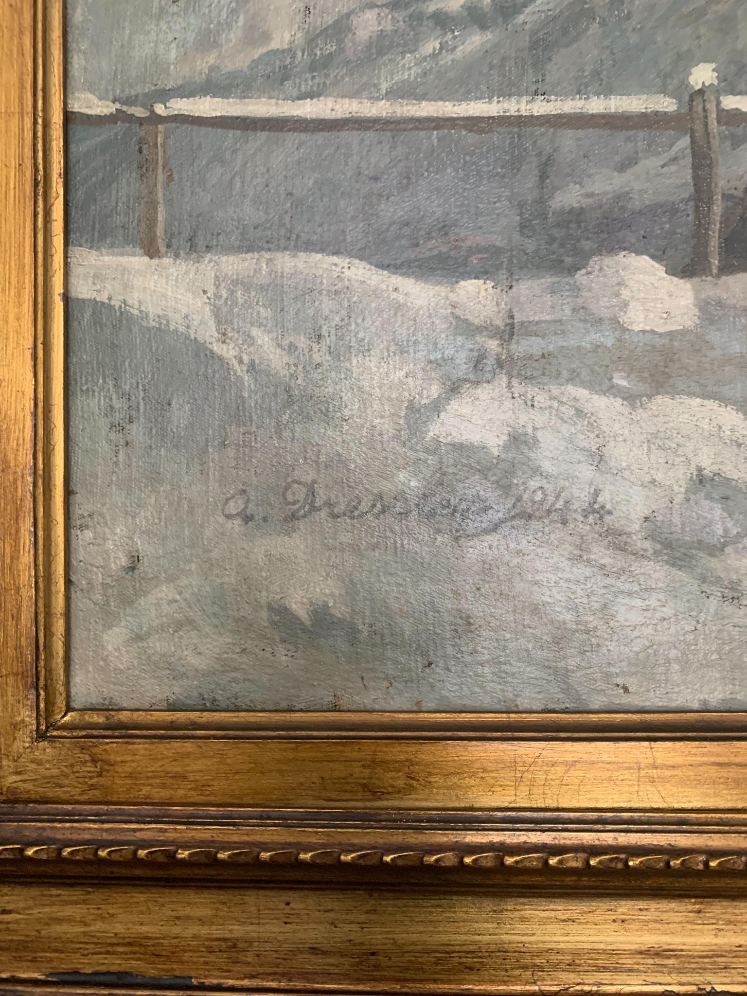 Italian Oil Painting on Canvas by Alberto Dressler 'Snowy Landscape' from 1944 In Good Condition For Sale In Milano, MI