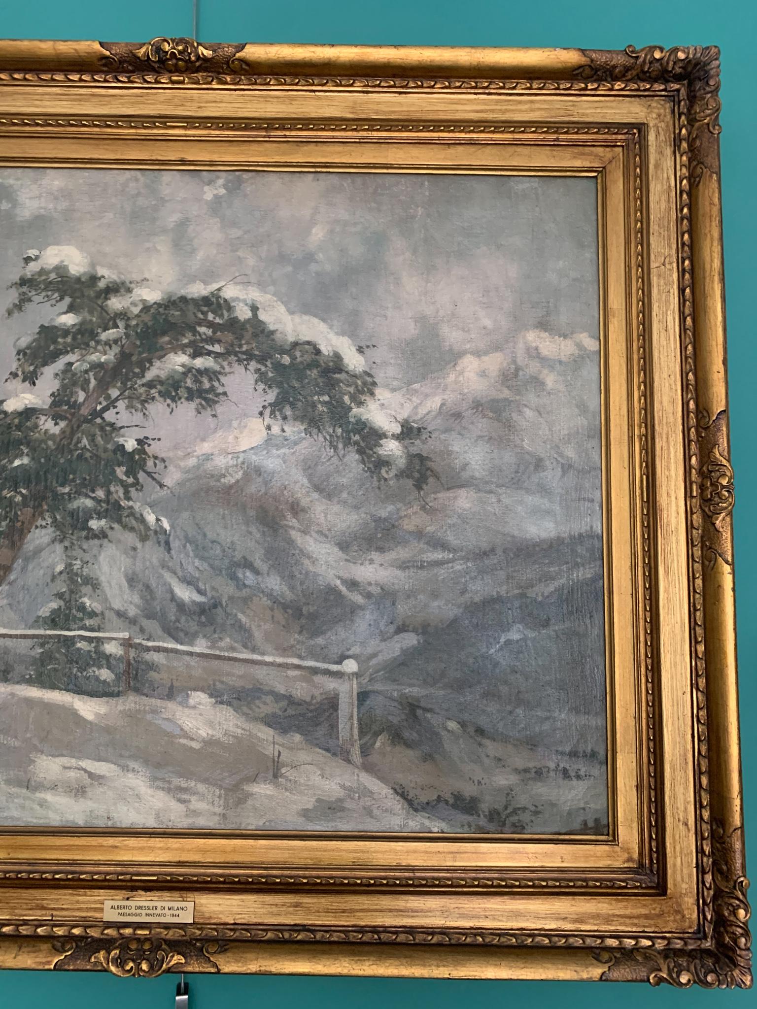 Italian Oil Painting on Canvas by Alberto Dressler 'Snowy Landscape' from 1944 For Sale 1