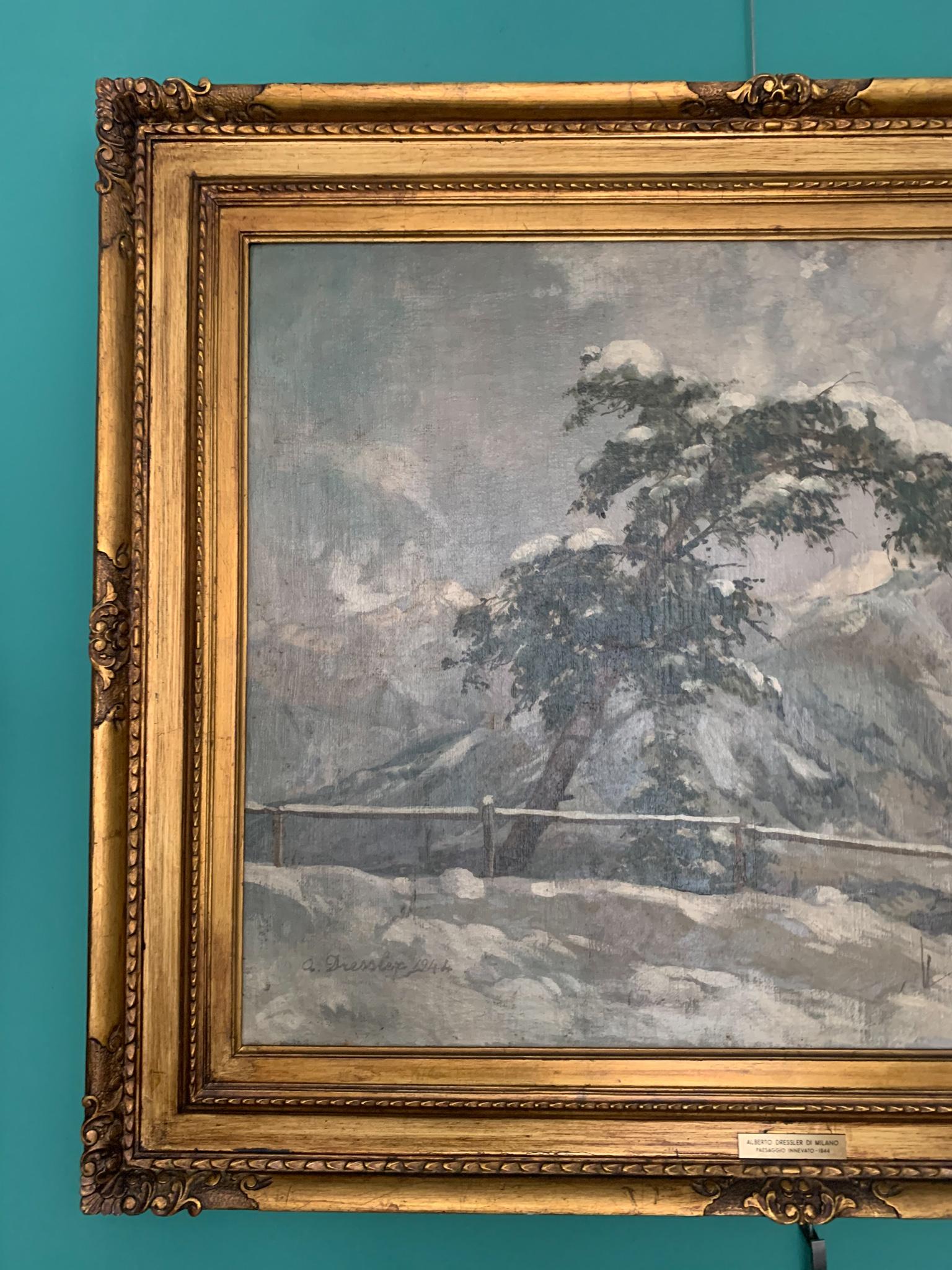 Italian Oil Painting on Canvas by Alberto Dressler 'Snowy Landscape' from 1944 For Sale 2