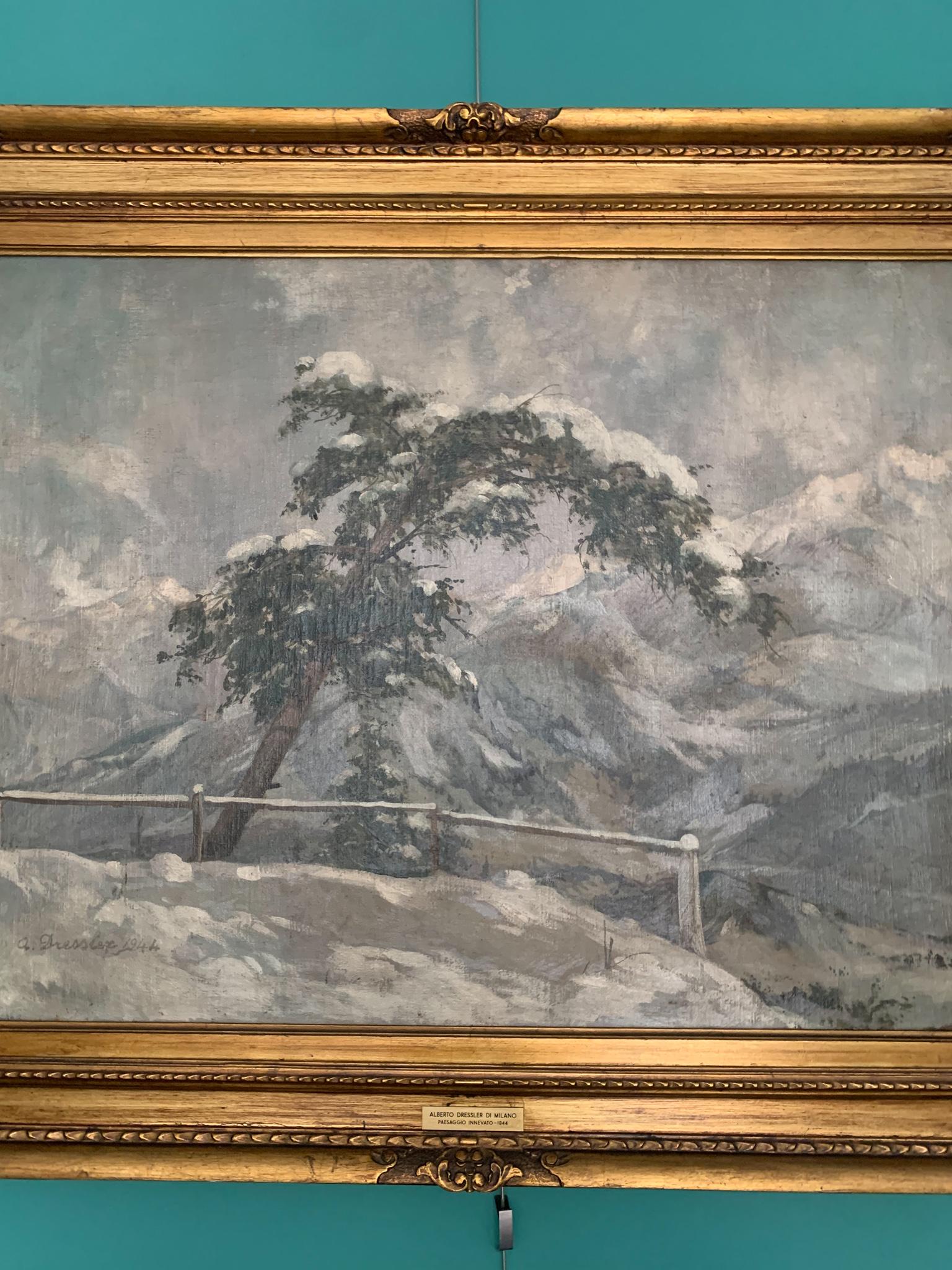 Italian Oil Painting on Canvas by Alberto Dressler 'Snowy Landscape' from 1944 For Sale 3