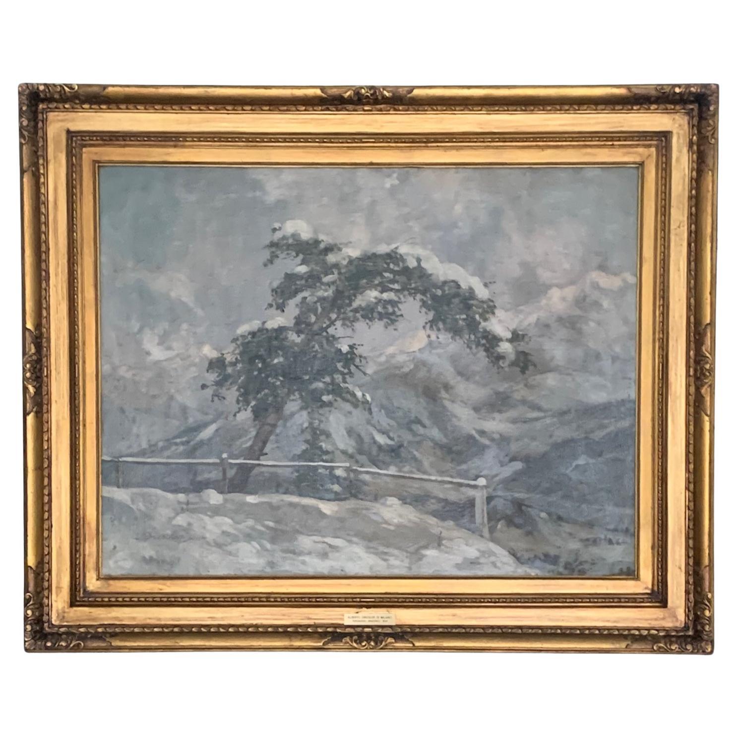 Italian Oil Painting on Canvas by Alberto Dressler 'Snowy Landscape' from 1944 For Sale