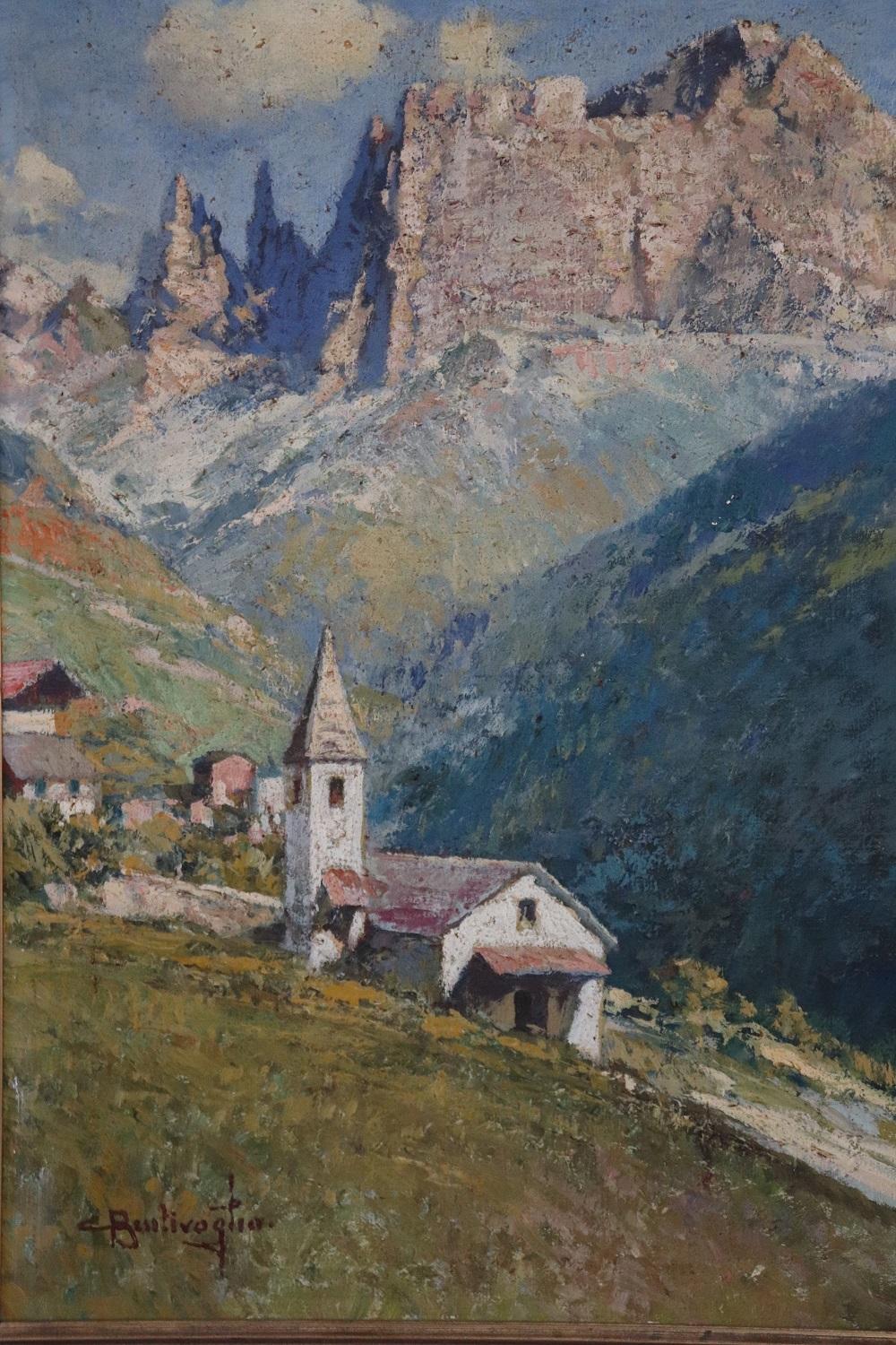 Beautiful oil painting on canvas 1910s. A splendid Italian mountain landscape with church. Signed by Cesare Bentivoglio important italian artist. Perfect for collectors who love mountain landscapes. Excellent pictorial quality. Sold with wooden