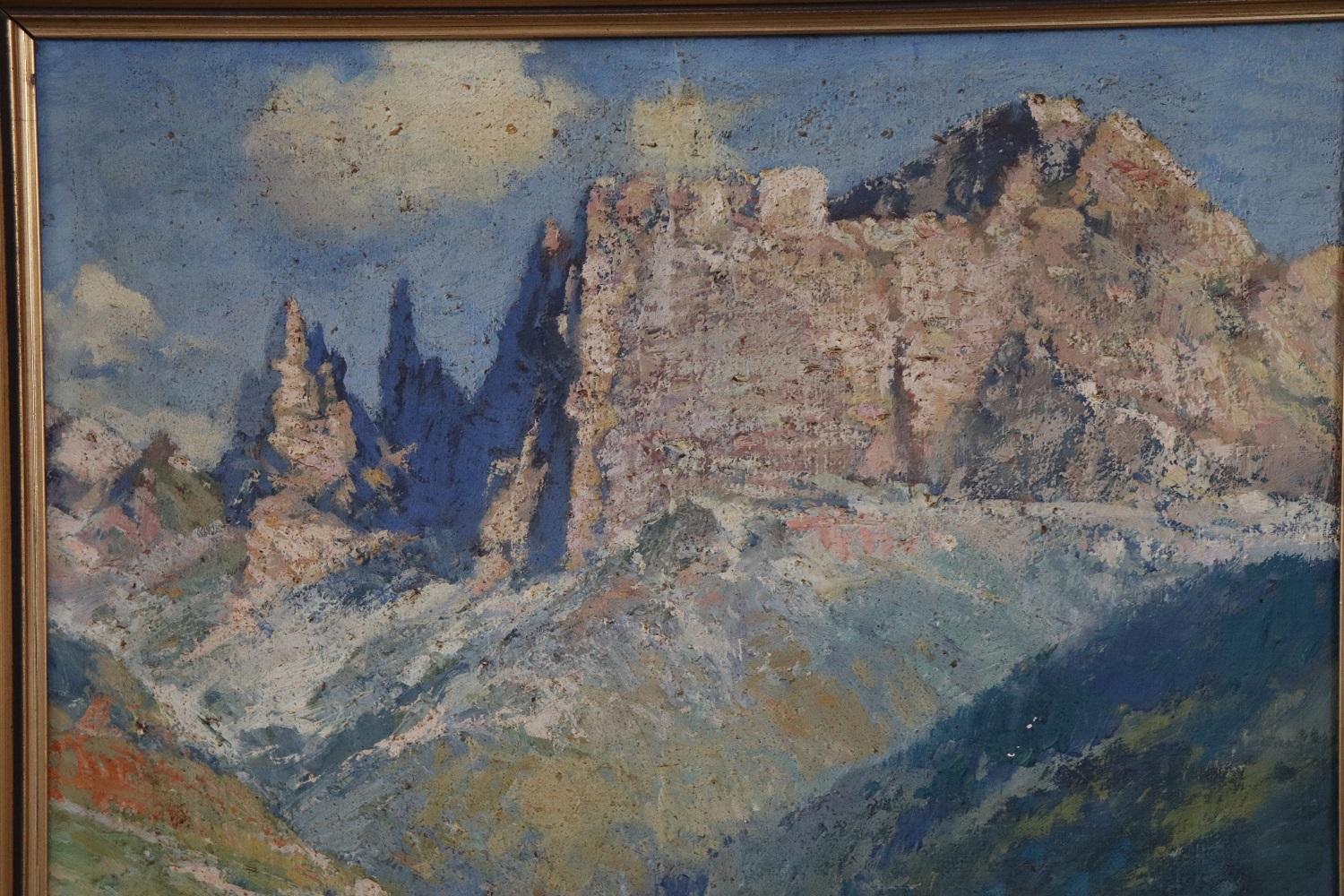 Oiled Italian Oil Painting on Canvas Cesare Bentivoglio Mountain Landscape with Church For Sale