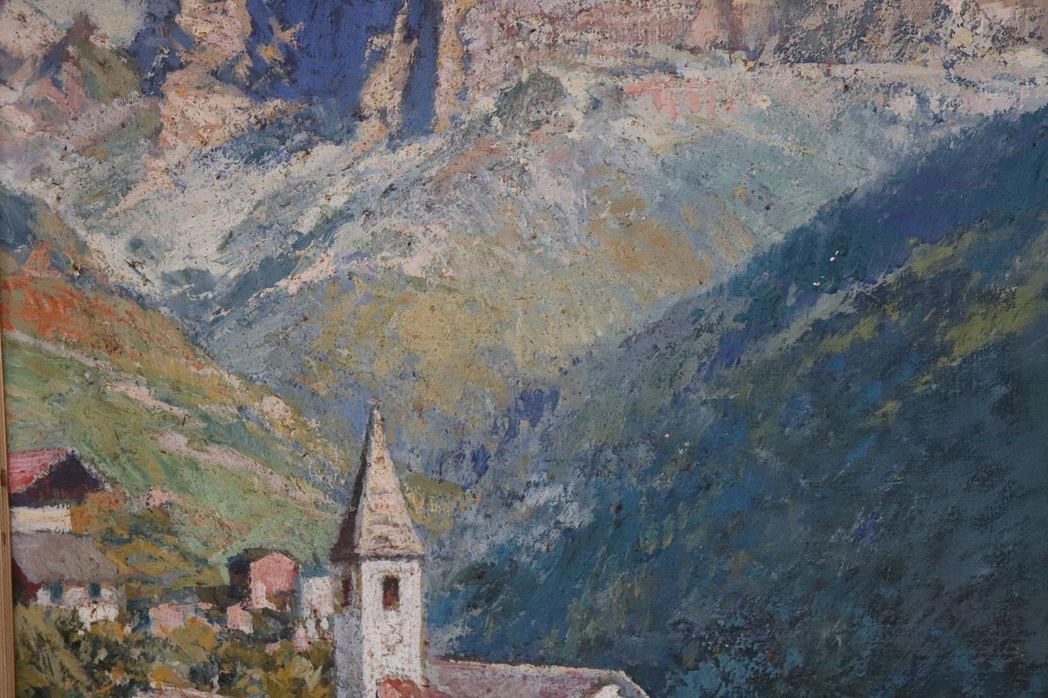 Italian Oil Painting on Canvas Cesare Bentivoglio Mountain Landscape with Church In Excellent Condition For Sale In Casale Monferrato, IT