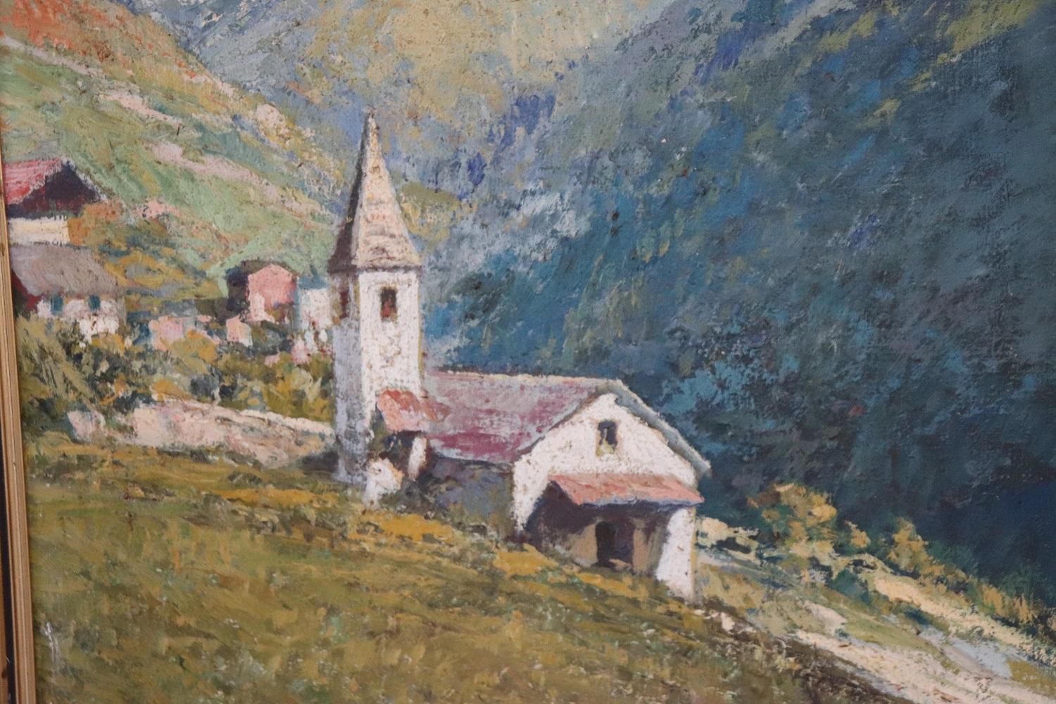 Early 20th Century Italian Oil Painting on Canvas Cesare Bentivoglio Mountain Landscape with Church For Sale