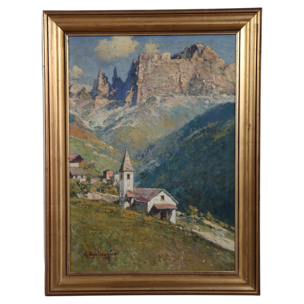 Italian Oil Painting on Canvas Mountain Landscape with Church, Signed