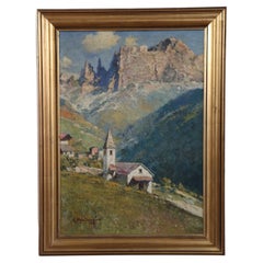 Peinture à l'huile italienne sur toile Cesare Bentivoglio - Paysage de montagne avec église