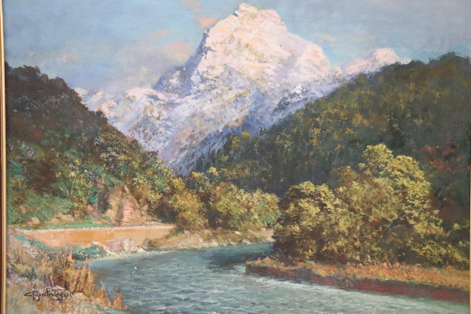 Huilé Peinture à l'huile italienne sur toile Cesare Bentivoglio, paysage de montagne avec rivière en vente