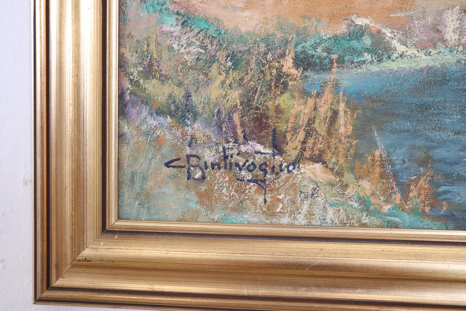 Peinture à l'huile italienne sur toile Cesare Bentivoglio, paysage de montagne avec rivière Excellent état - En vente à Casale Monferrato, IT