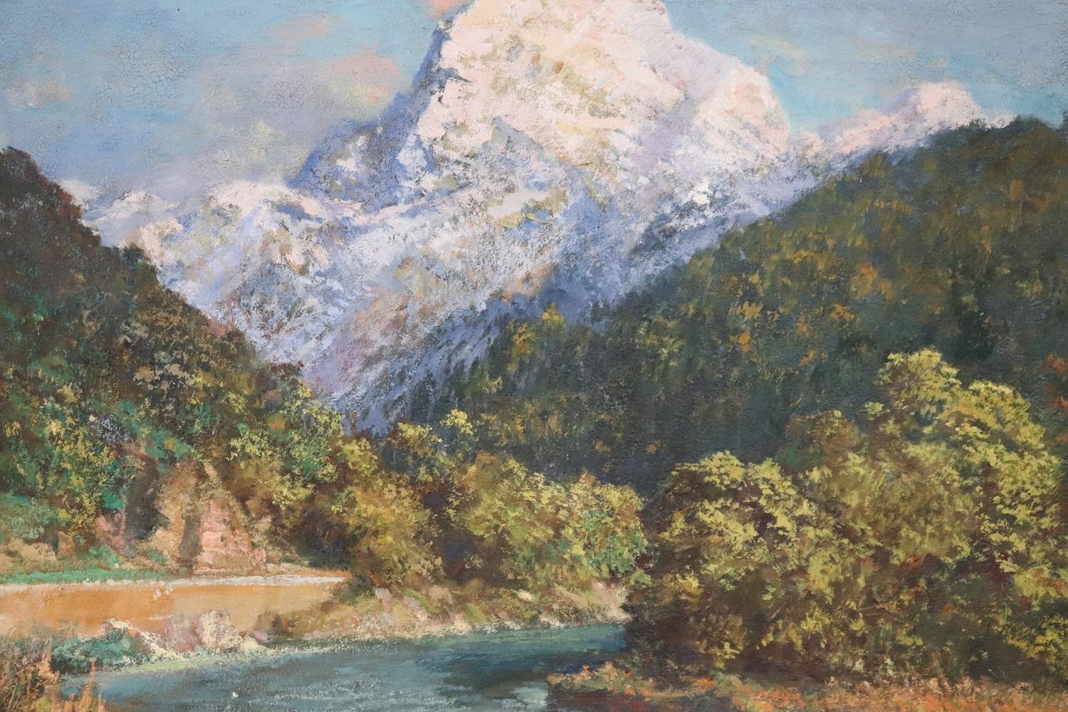 Milieu du XXe siècle Peinture à l'huile italienne sur toile Cesare Bentivoglio, paysage de montagne avec rivière en vente