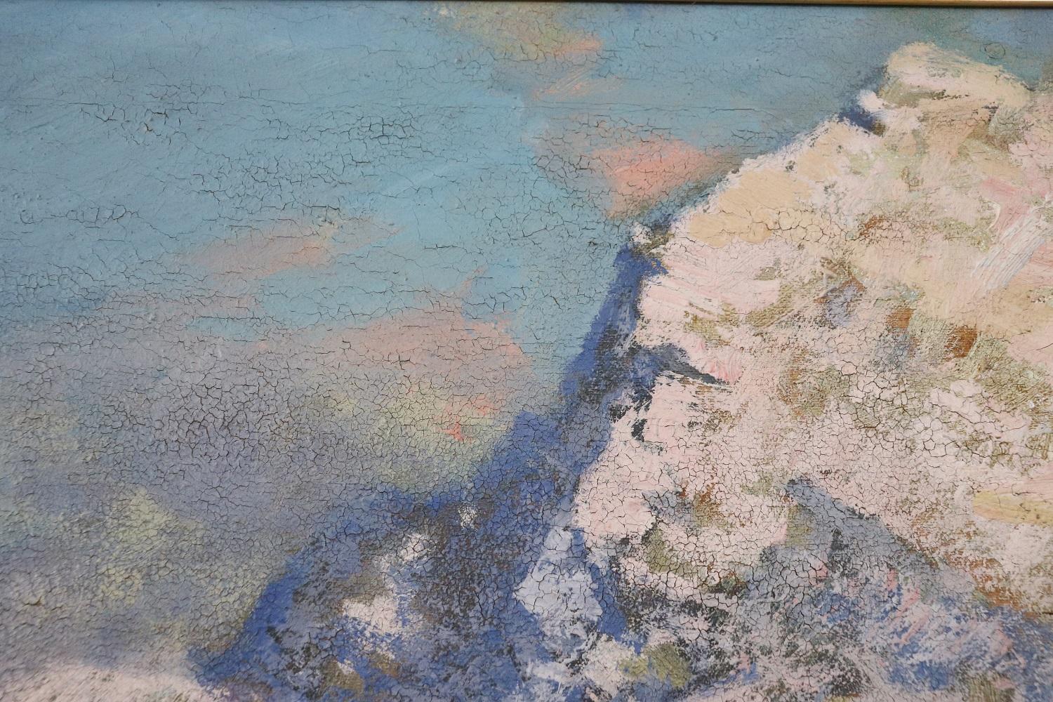 Toile Peinture à l'huile italienne sur toile Cesare Bentivoglio, paysage de montagne avec rivière en vente