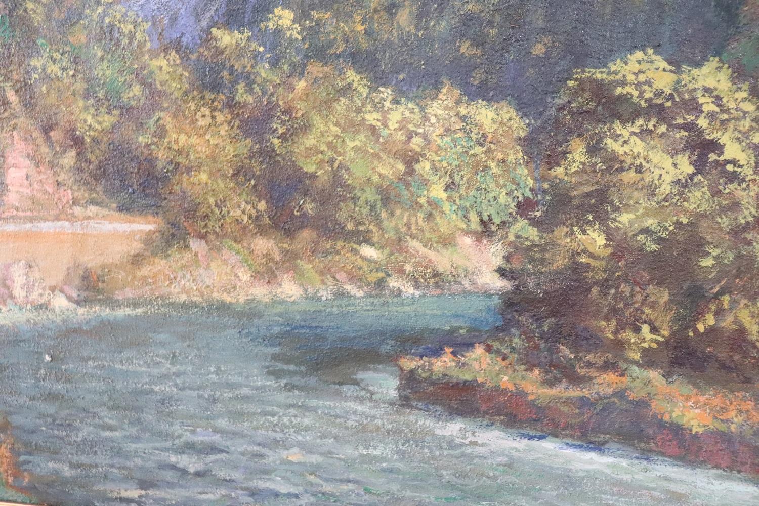 Peinture à l'huile italienne sur toile Cesare Bentivoglio, paysage de montagne avec rivière en vente 1
